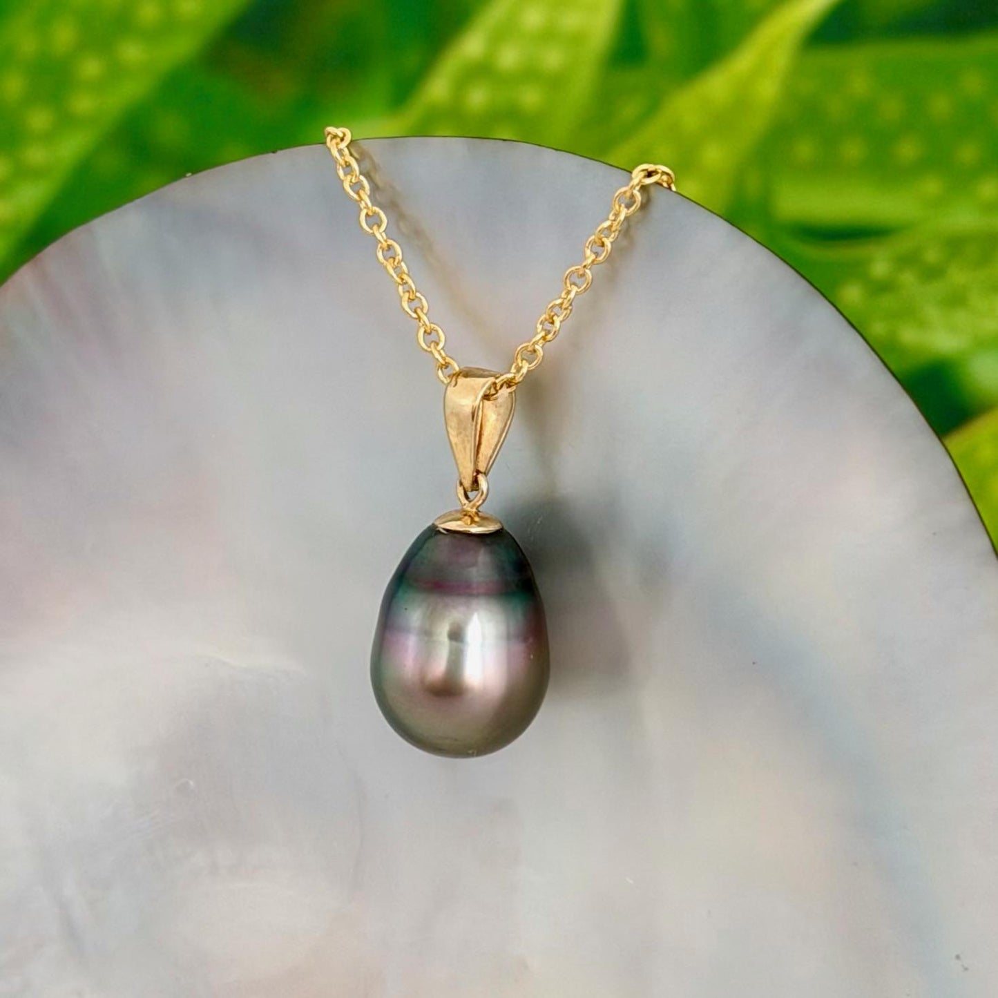 10.5mm Peacock Purple Tahitian Pearl Pendant: Solid Gold • Minimalist Necklace, Colorful Overtone