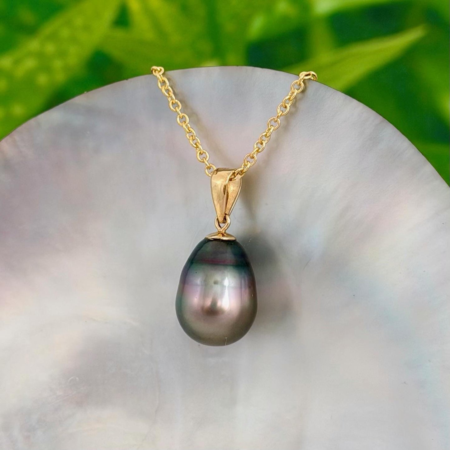 10.5mm Peacock Purple Tahitian Pearl Pendant: Solid Gold • Minimalist Necklace, Colorful Overtone