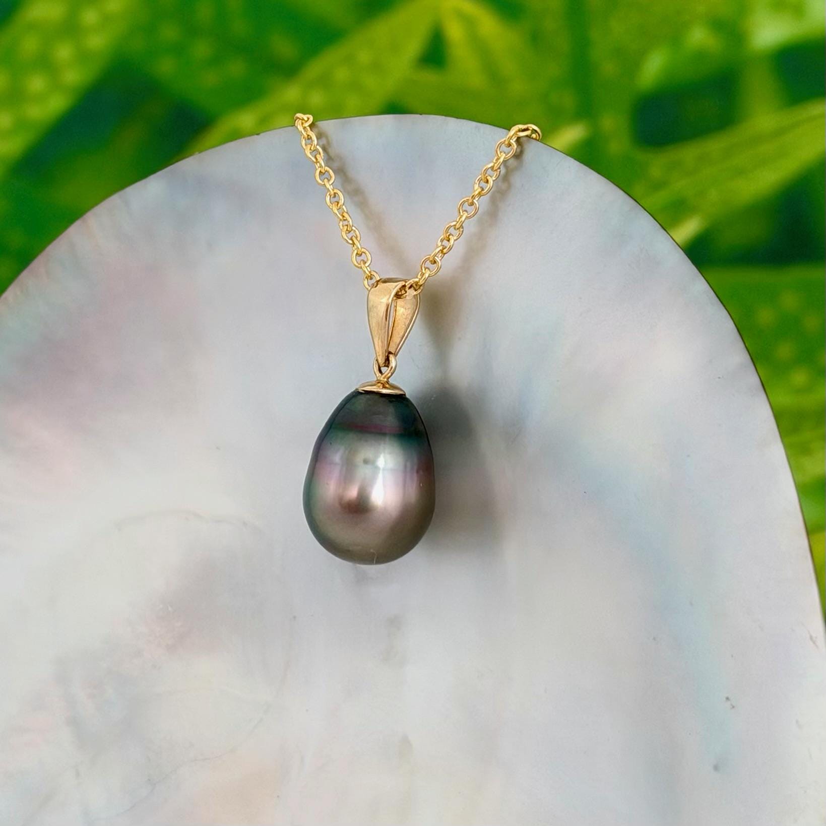 10.5mm Peacock Purple Tahitian Pearl Pendant: Solid Gold • Minimalist Necklace, Colorful Overtone