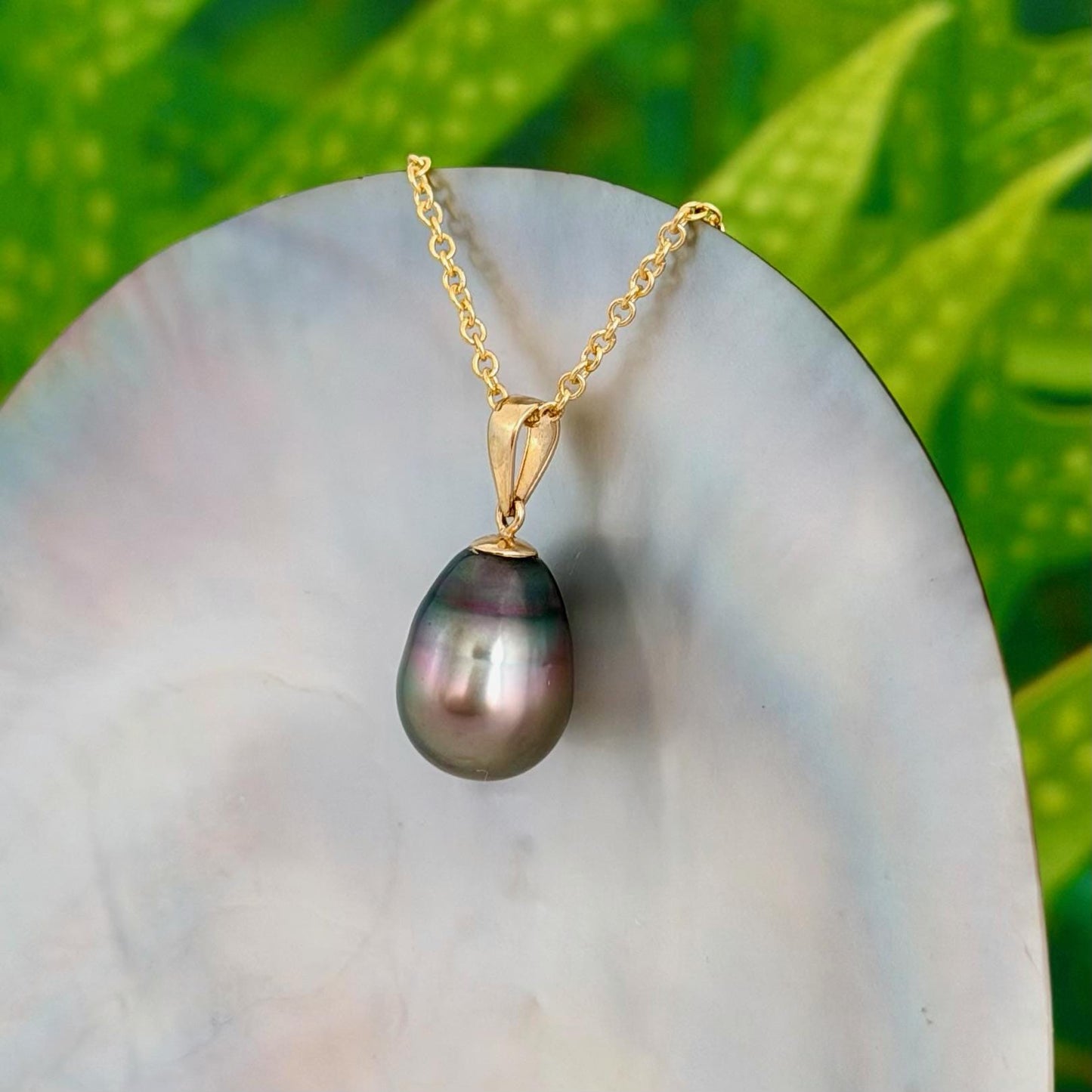 10.5mm Peacock Purple Tahitian Pearl Pendant: Solid Gold • Minimalist Necklace, Colorful Overtone