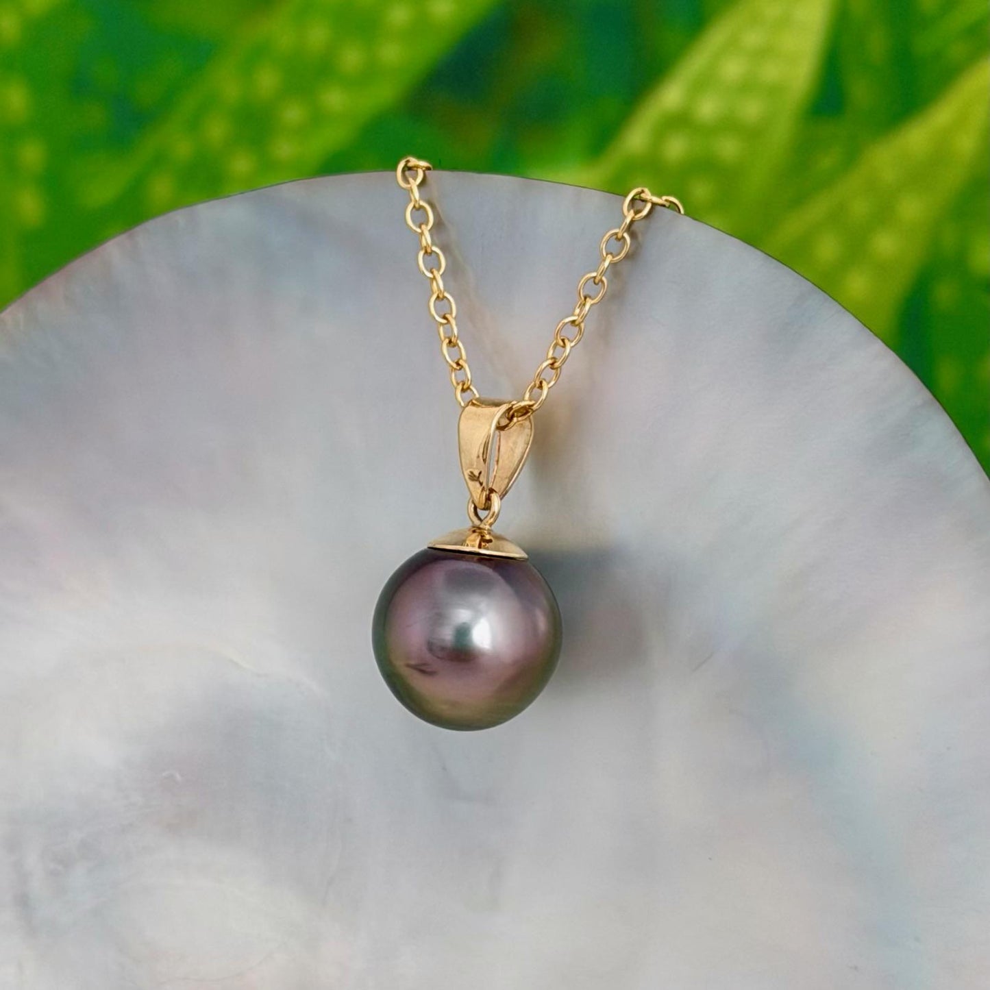 11mm Peacock lavender Green Pink Tahitian Pearl Pendant: Solid Gold • Minimalist Necklace, Colorful Overtone