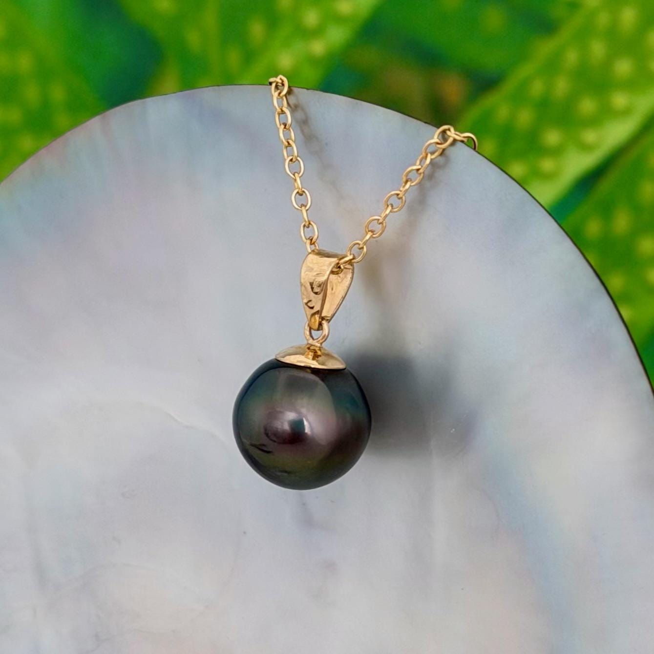 11.5mm Peacock Tahitian Pearl Pendant: Solid Gold • Minimalist Necklace, Green color