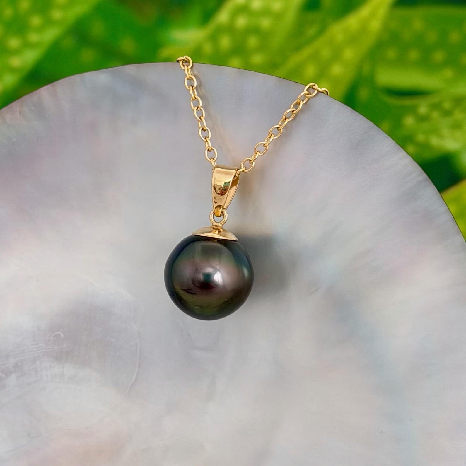 11.5mm Peacock Tahitian Pearl Pendant: Solid Gold • Minimalist Necklace, Green color