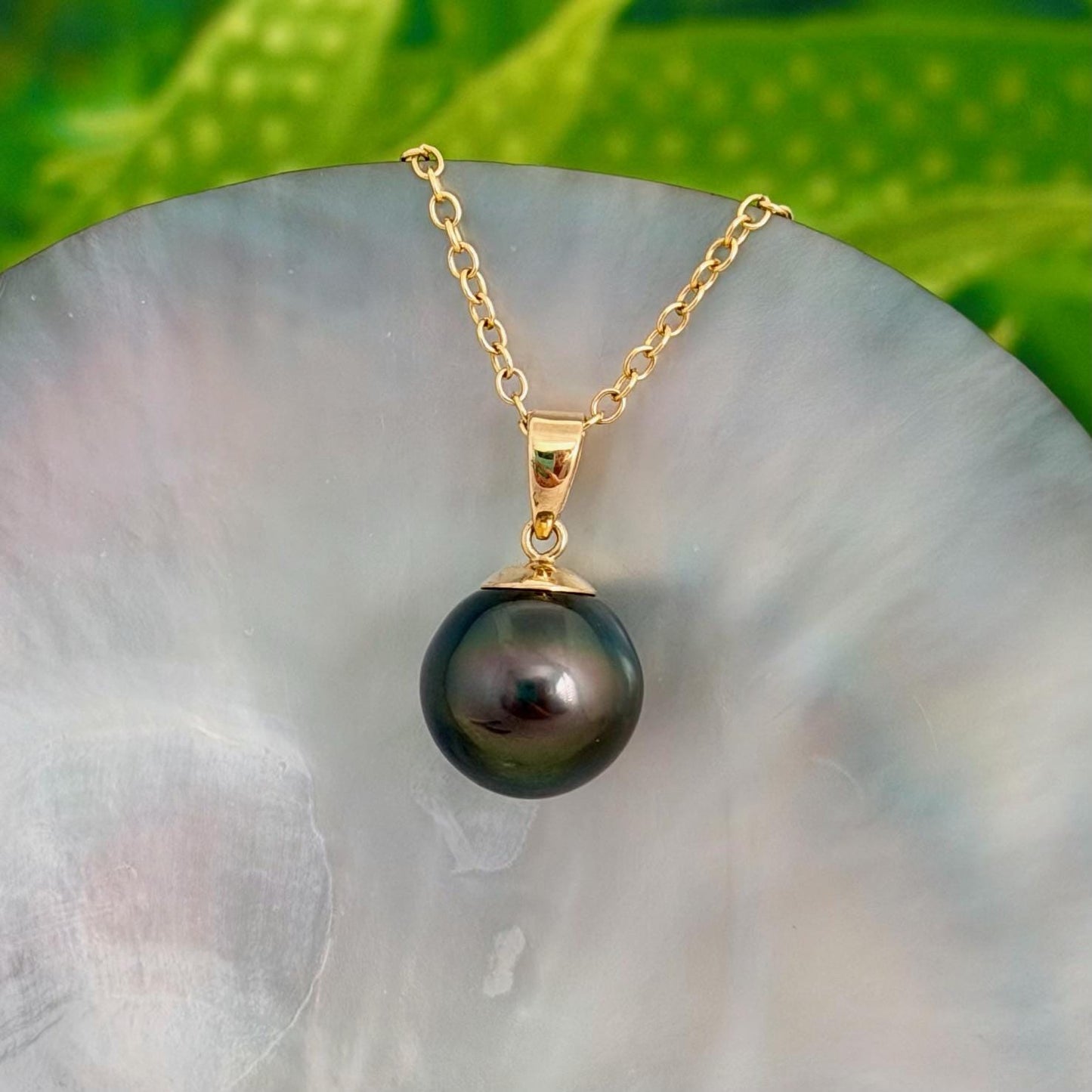 11.5mm Peacock Tahitian Pearl Pendant: Solid Gold • Minimalist Necklace, Green color