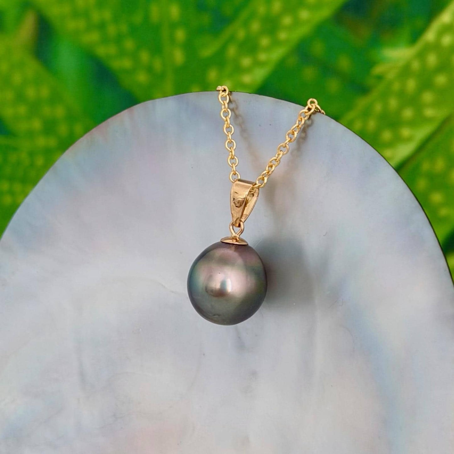 11.5mm Peacock Tahitian Pearl Pendant: Solid Gold • Minimalist Necklace, Colorful Overtone