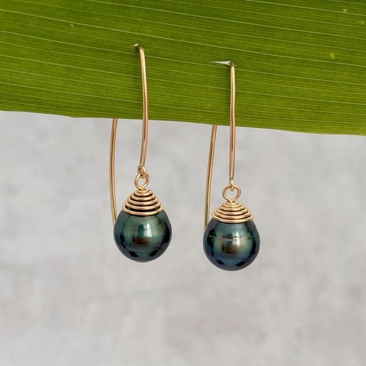 Tahitian Pearl Dangle Earrings • Gold filled hooks • Marquise Style