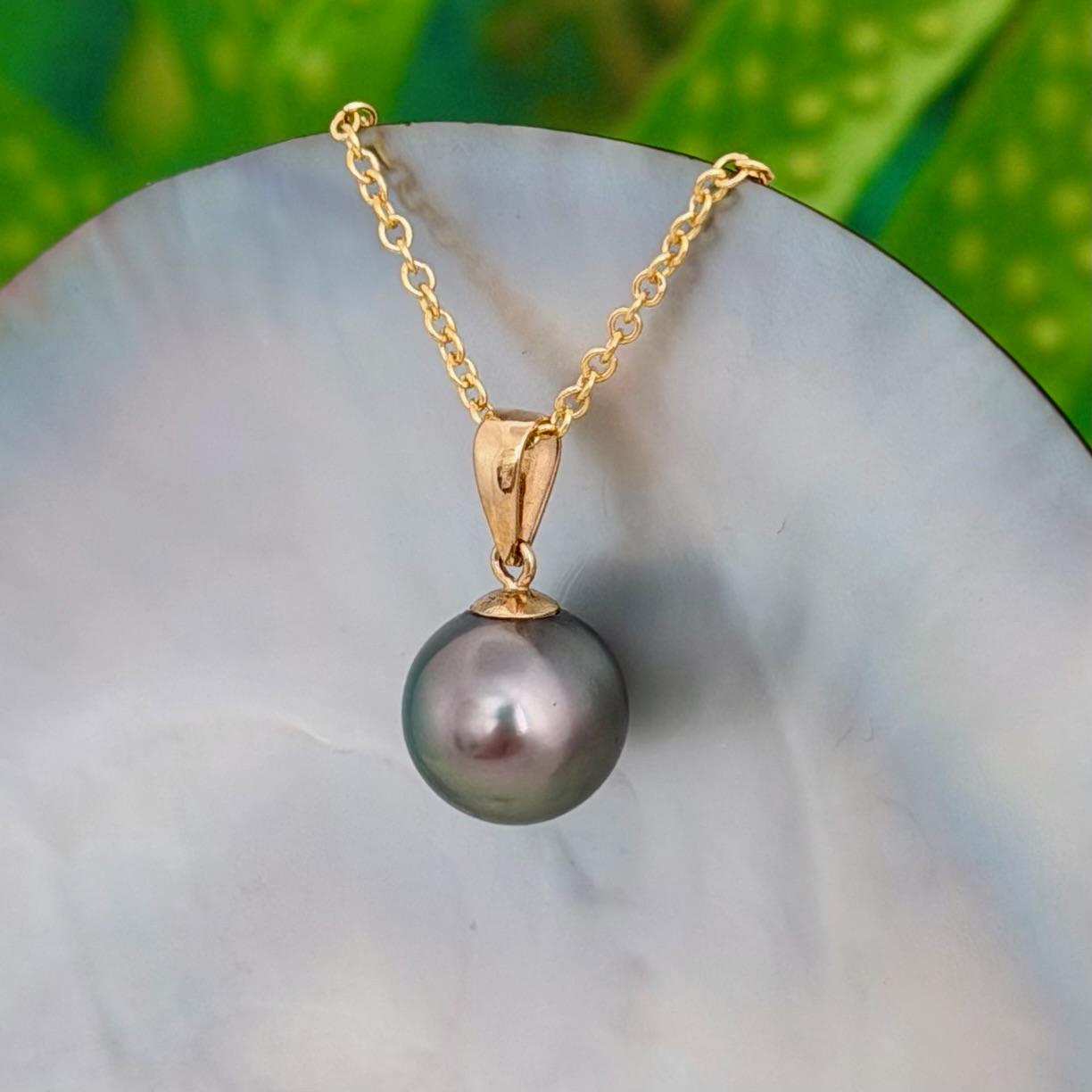10.4mm Peacock Tahitian Pearl Pendant: Solid Gold • Minimalist Necklace, Colorful Overtone
