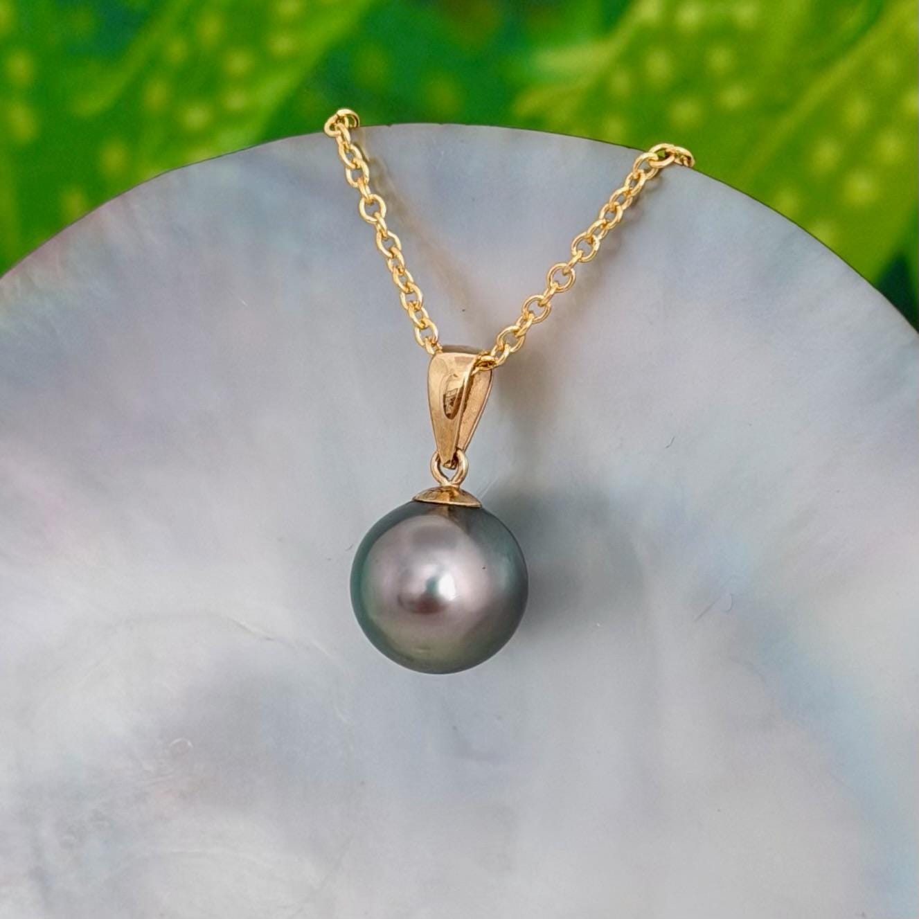 10.4mm Peacock Tahitian Pearl Pendant: Solid Gold • Minimalist Necklace, Colorful Overtone