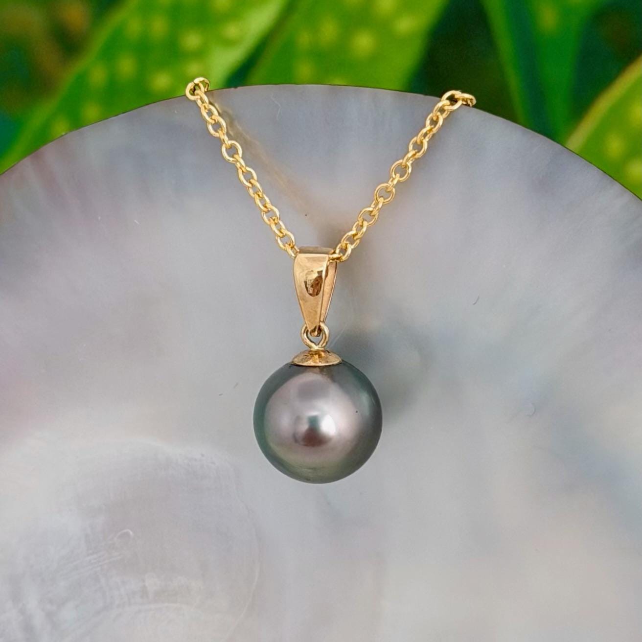 10.4mm Peacock Tahitian Pearl Pendant: Solid Gold • Minimalist Necklace, Colorful Overtone