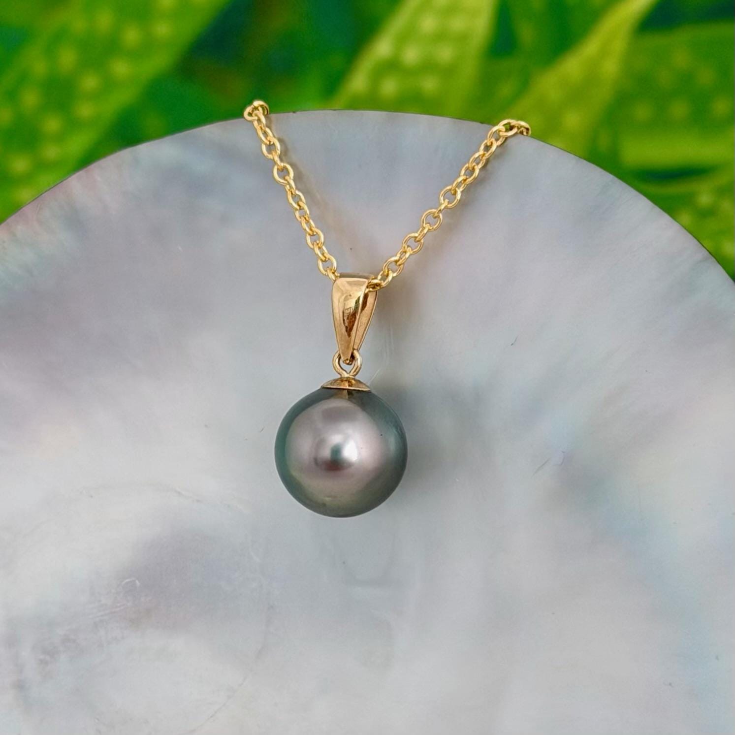 10.4mm Peacock Tahitian Pearl Pendant: Solid Gold • Minimalist Necklace, Colorful Overtone