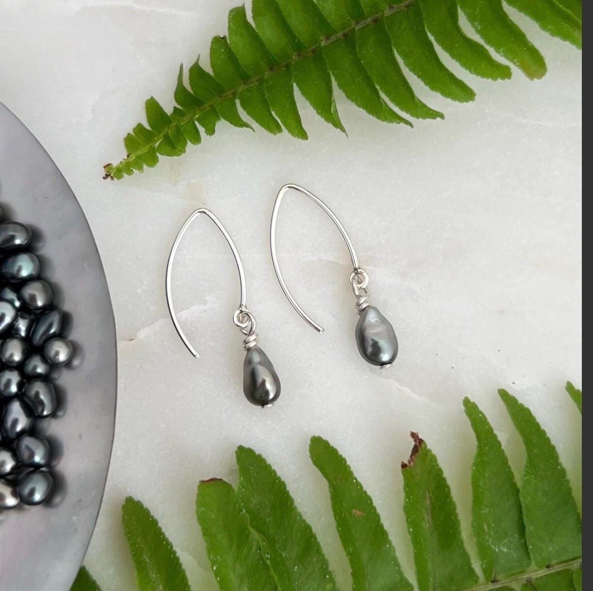 Sterling Silver Tahitian Keshi Pearl Dangle Earrings • Minimalist drop • hook design