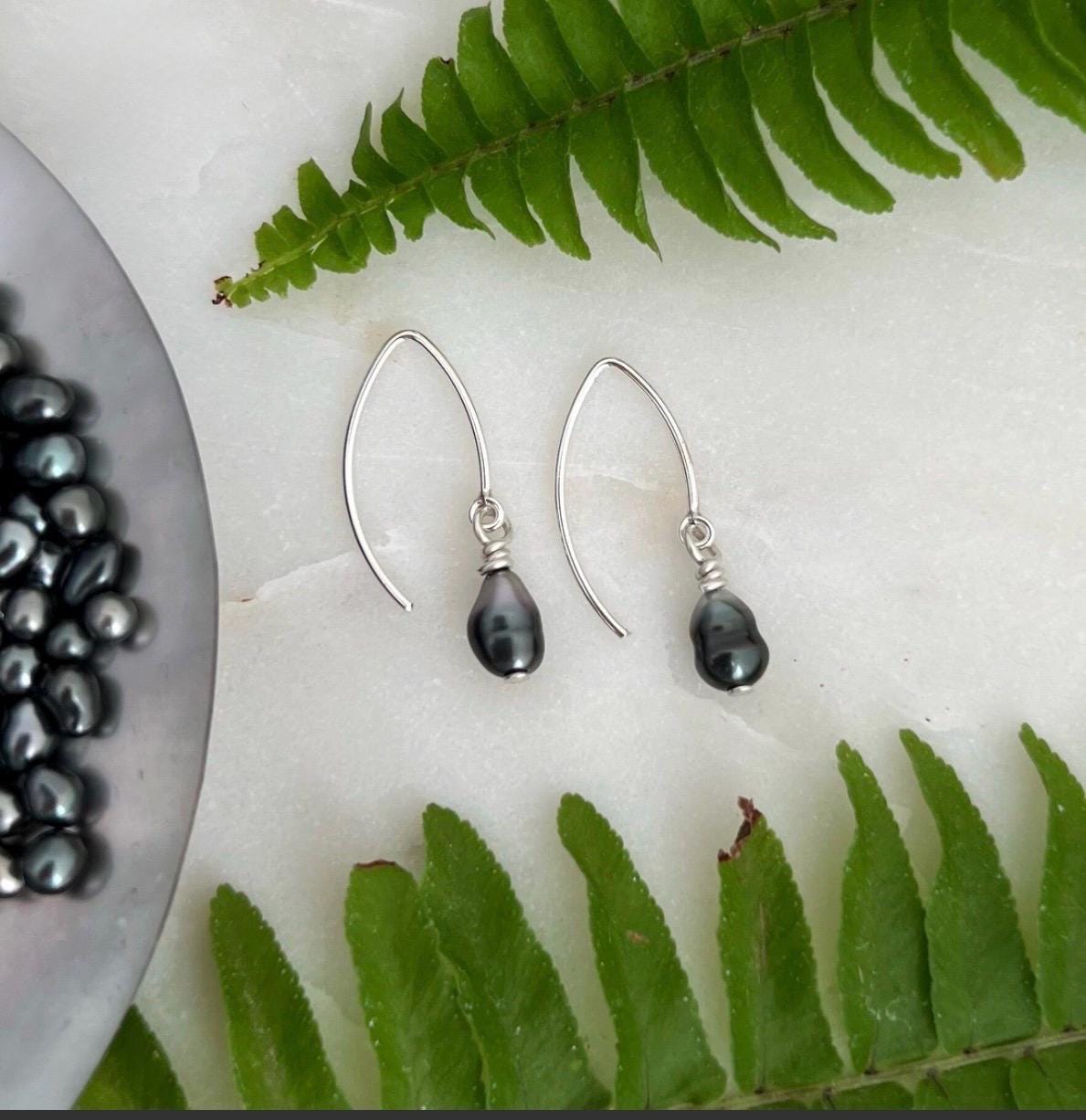Sterling Silver Tahitian Keshi Pearl Dangle Earrings • Minimalist drop • hook design