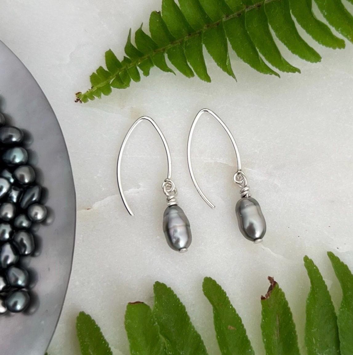 Sterling Silver Tahitian Keshi Pearl Dangle Earrings • Minimalist drop • hook design