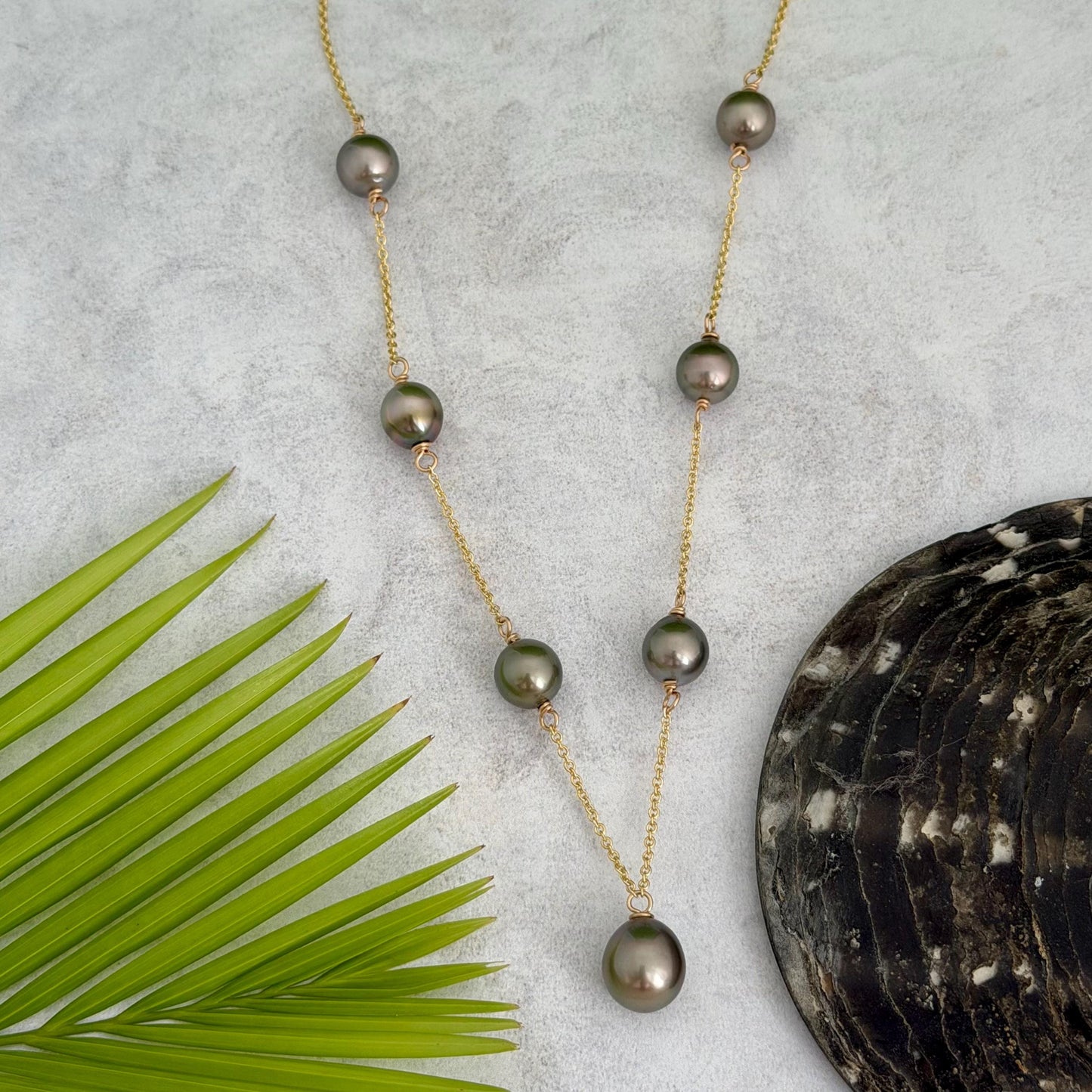 Tahitian pearl necklace • Linked pearls with drop Pistachio pendant • Handmade in Hawaii jewelry