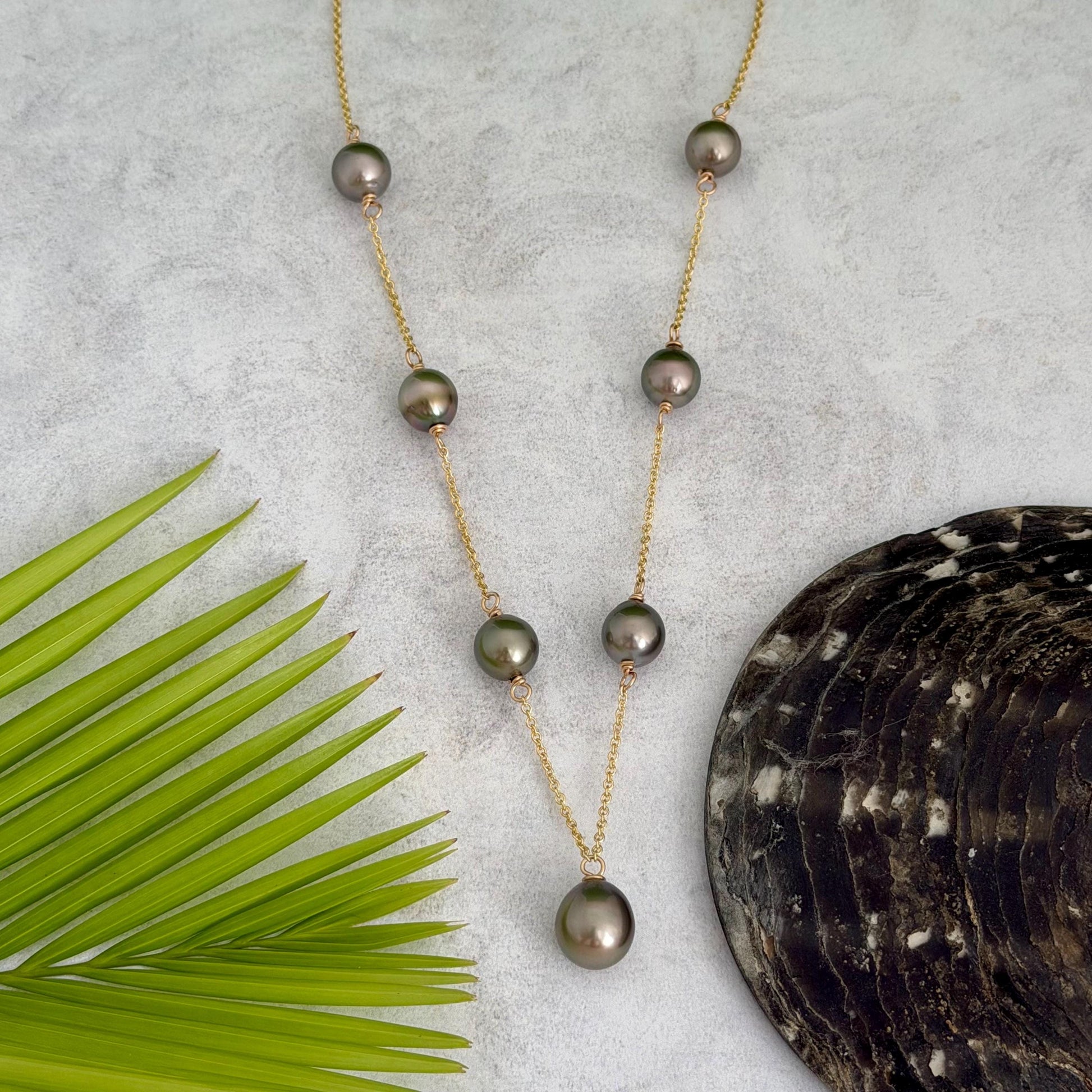 Tahitian pearl necklace • Linked pearls with drop Pistachio pendant • Handmade in Hawaii jewelry