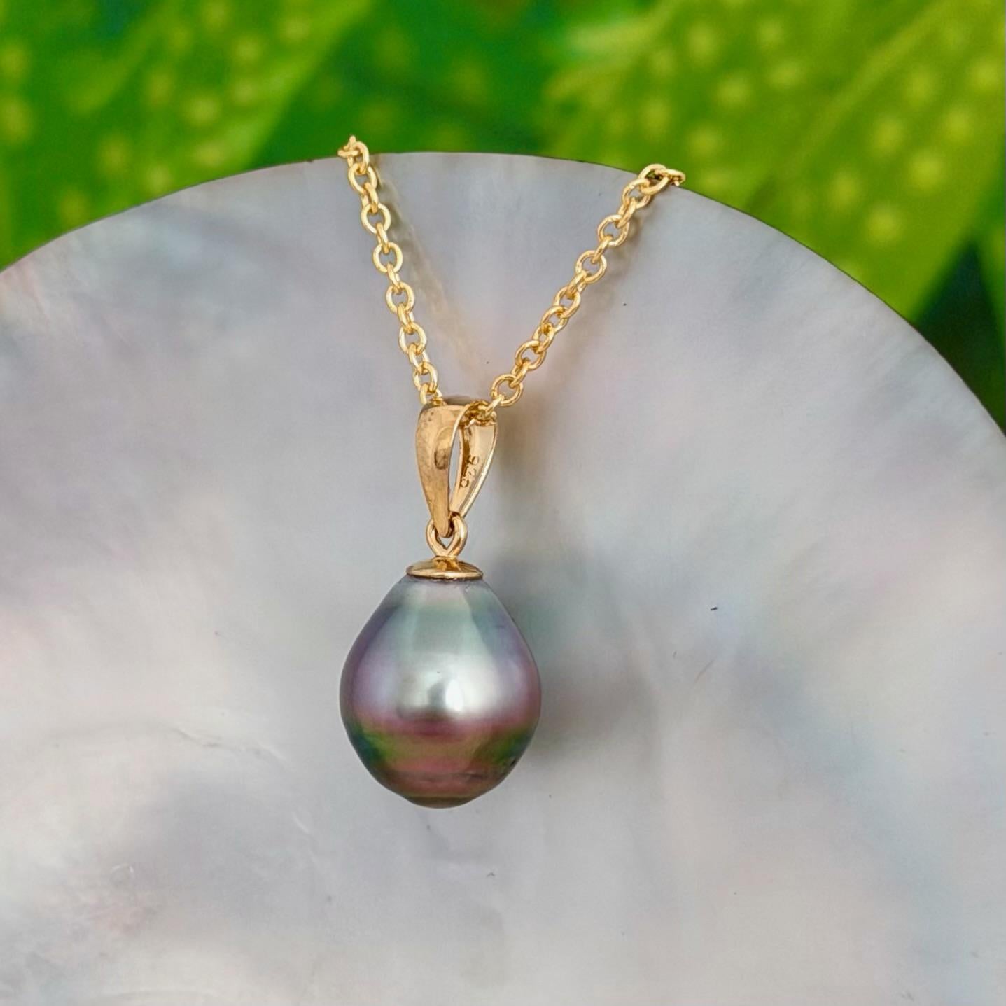 Tahitian Pearl Pendant • 10.5mm Pink Lavender Green • 14k Gold Vermeil • Minimalist Necklace.