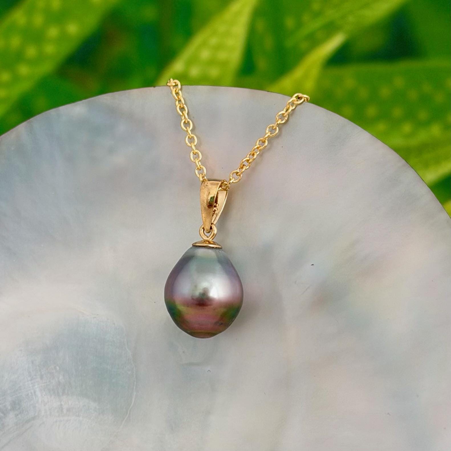 Tahitian Pearl Pendant • 10.5mm Pink Lavender Green • 14k Gold Vermeil • Minimalist Necklace.