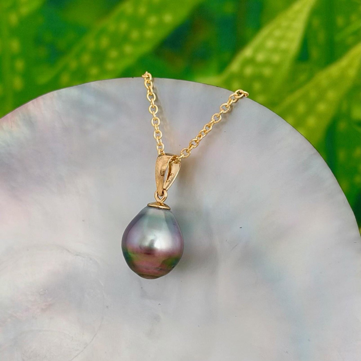 Tahitian Pearl Pendant • 10.5mm Pink Lavender Green • 14k Gold Vermeil • Minimalist Necklace.