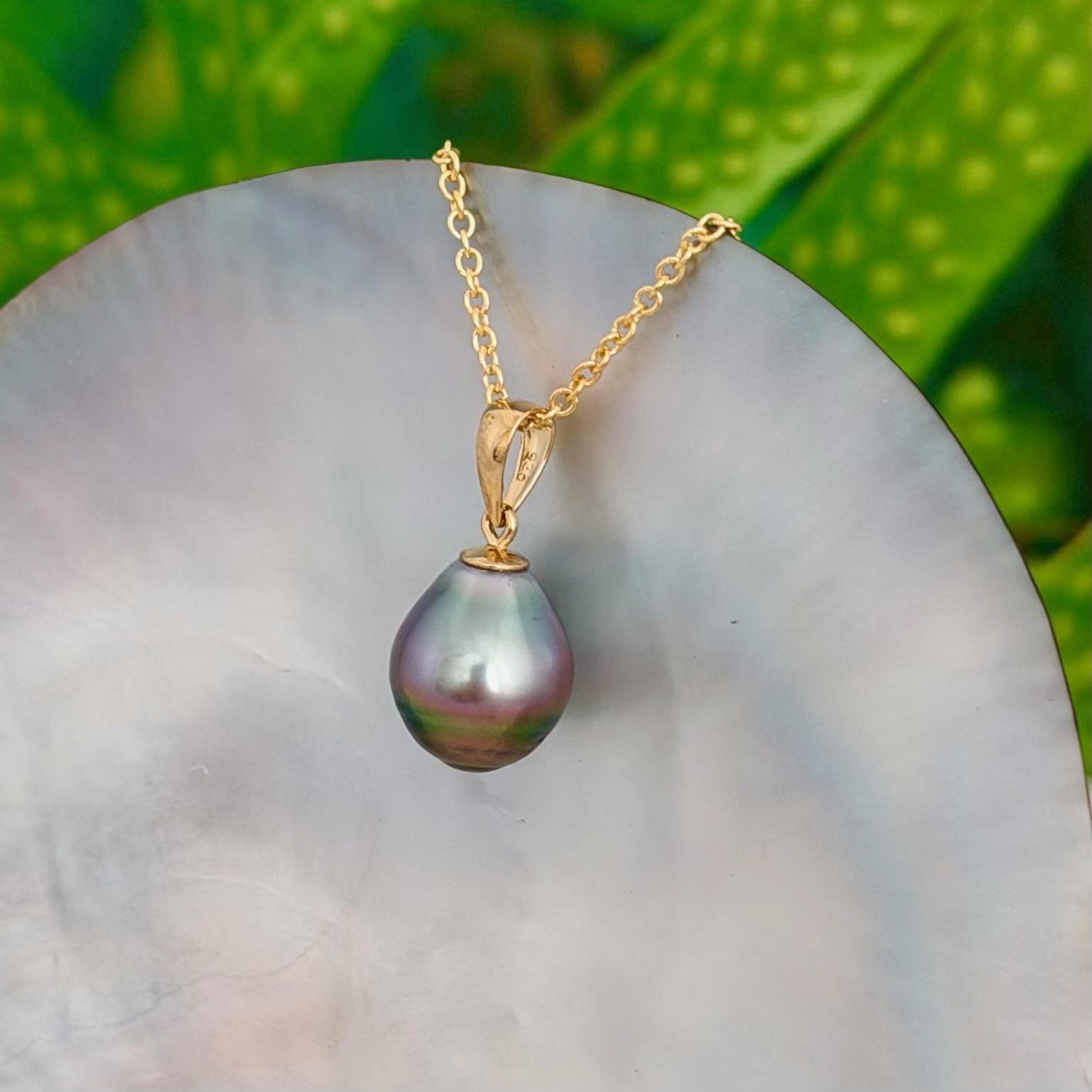 Tahitian Pearl Pendant • 10.5mm Pink Lavender Green • 14k Gold Vermeil • Minimalist Necklace.