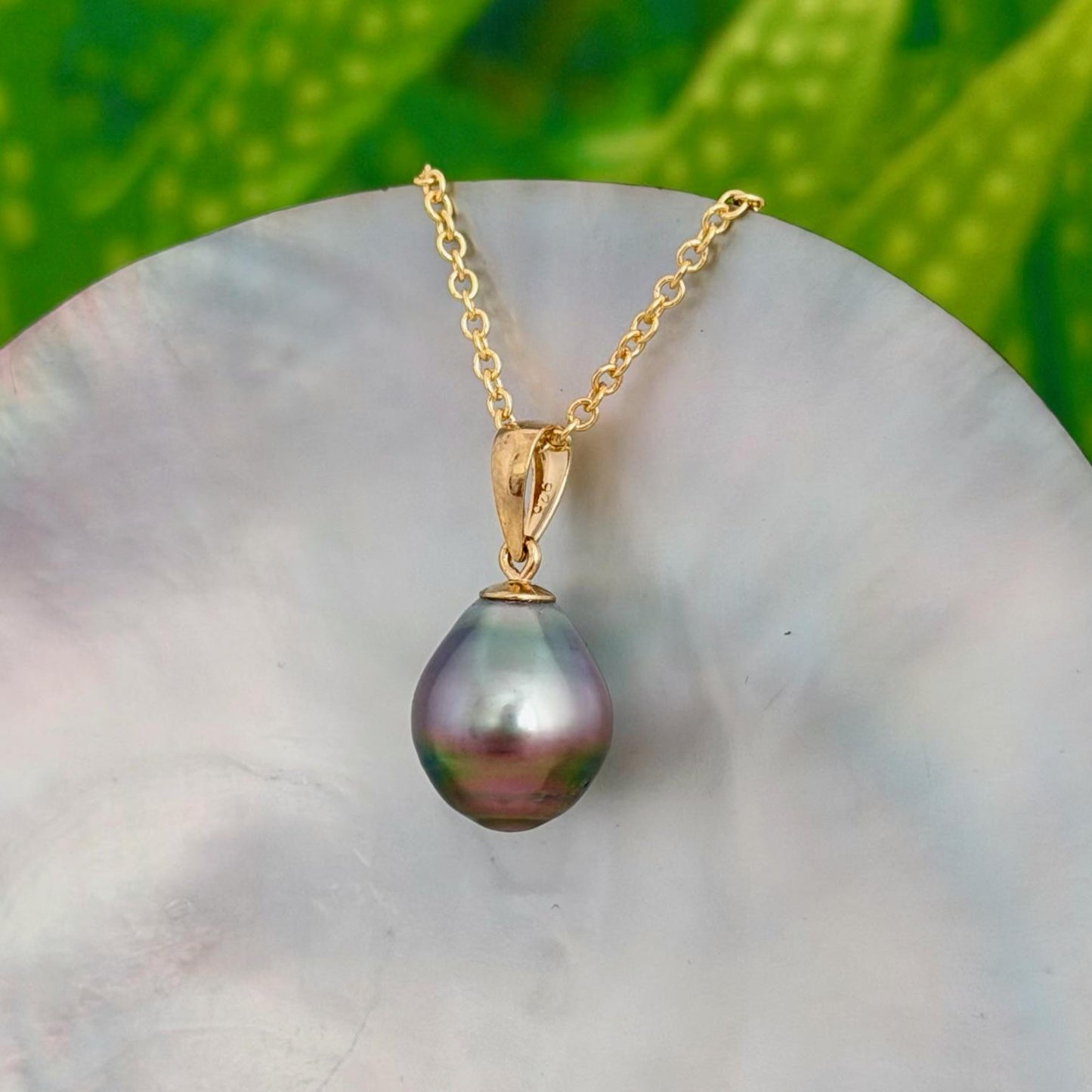 Tahitian Pearl Pendant • 10.5mm Pink Lavender Green • 14k Gold Vermeil • Minimalist Necklace.