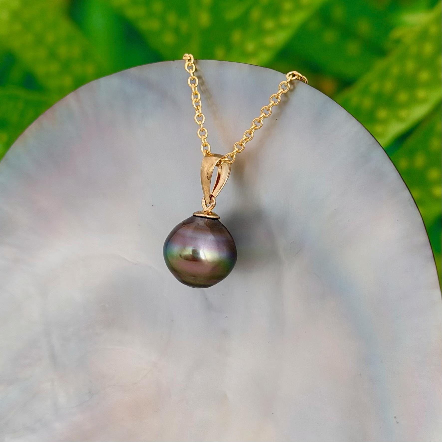 10.8mm Rainbow Tahitian Pearl Pendant • 14k Gold Vermeil • Minimalist Necklace, Colorful Overtone