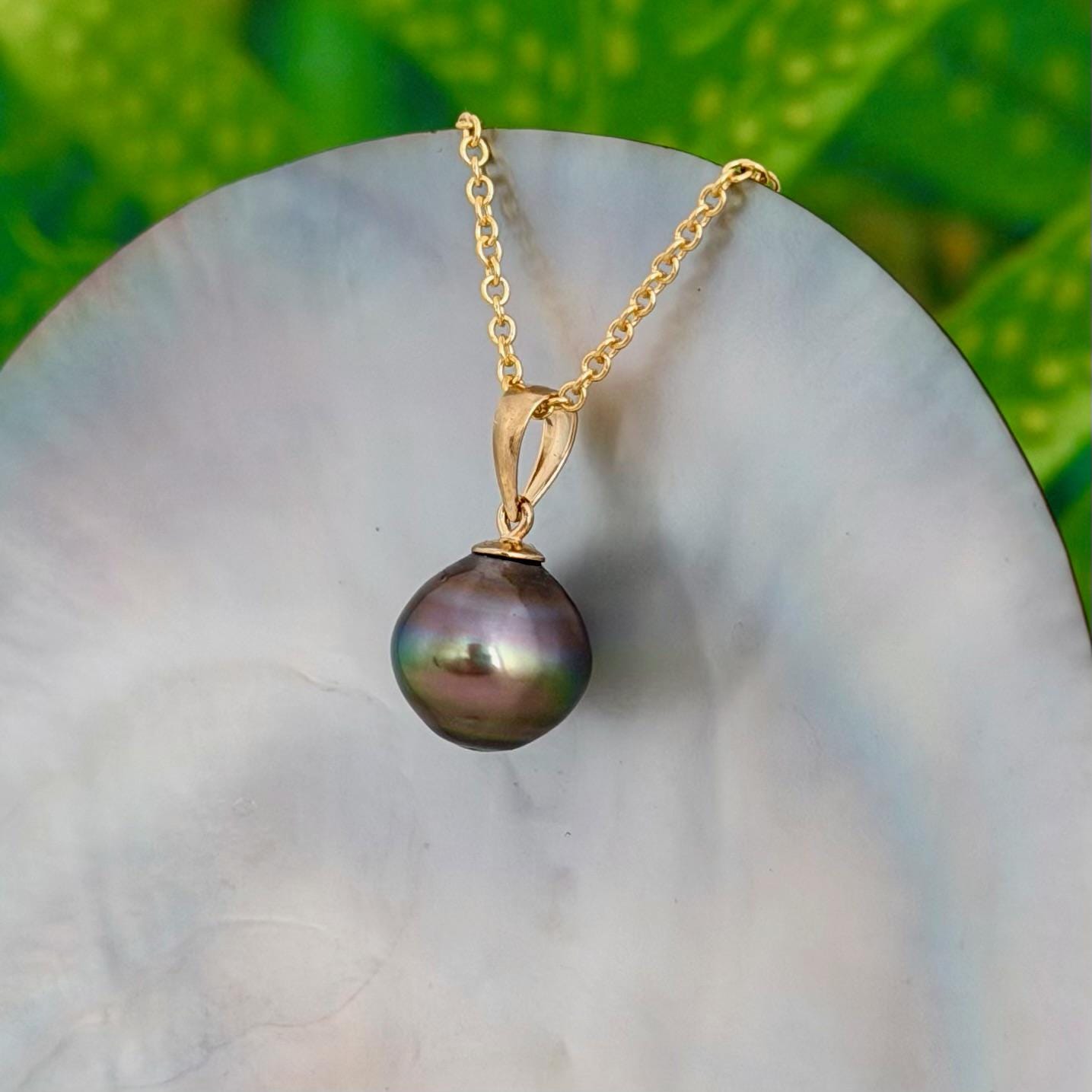 10.8mm Rainbow Tahitian Pearl Pendant • 14k Gold Vermeil • Minimalist Necklace, Colorful Overtone