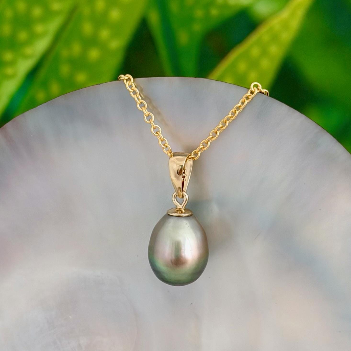9.5mm Pistachio Green Tahitian Pearl Pendant • 14k Gold Vermeil • Minimalist Necklace, Colorful Overtone
