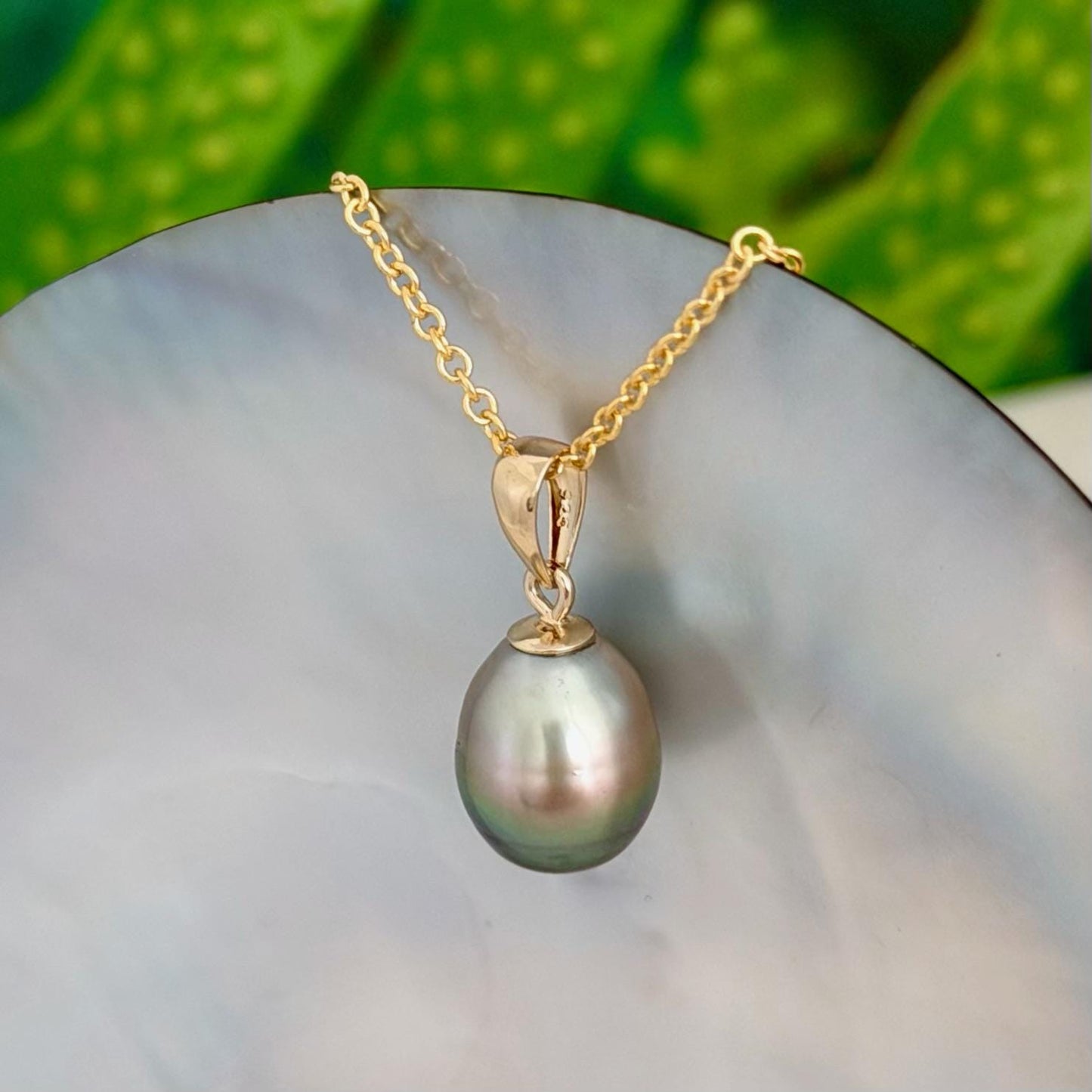 9.5mm Pistachio Green Tahitian Pearl Pendant • 14k Gold Vermeil • Minimalist Necklace, Colorful Overtone