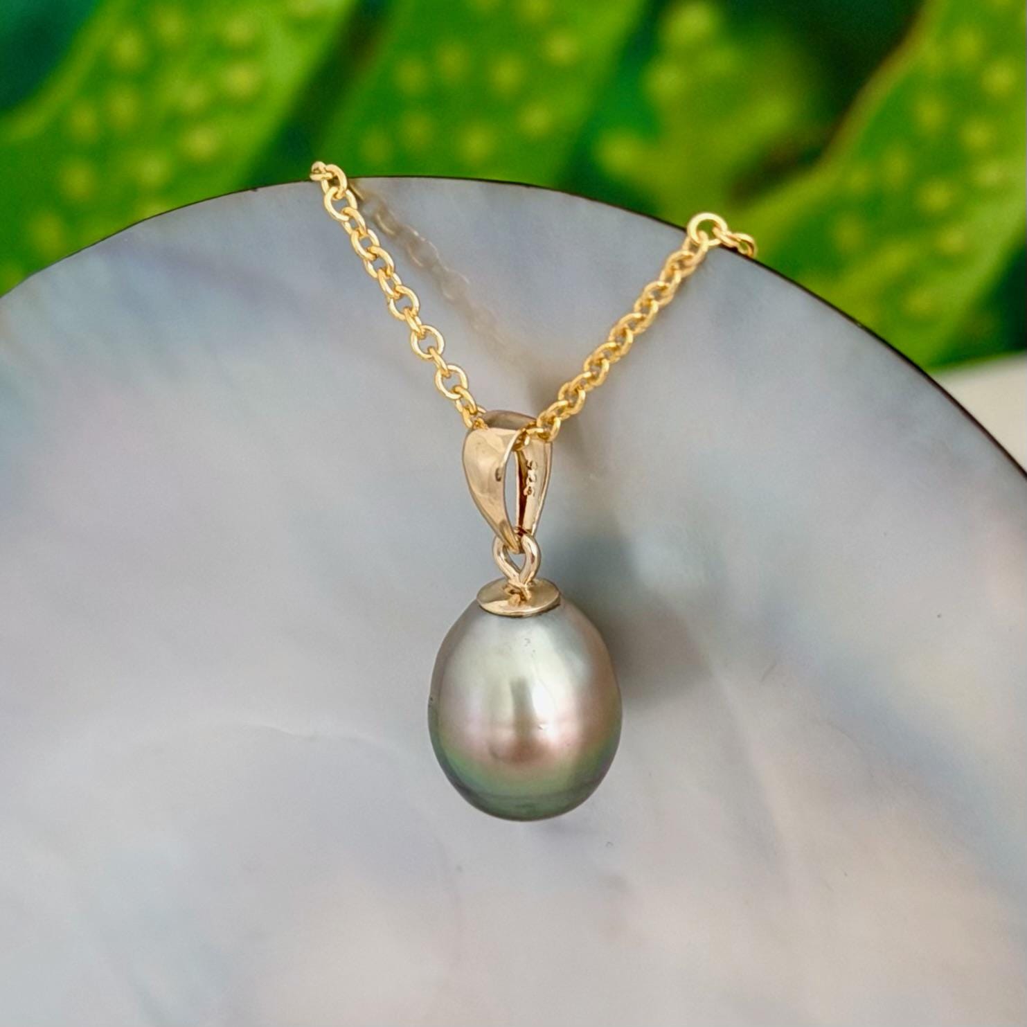 9.5mm Pistachio Green Tahitian Pearl Pendant • 14k Gold Vermeil • Minimalist Necklace, Colorful Overtone
