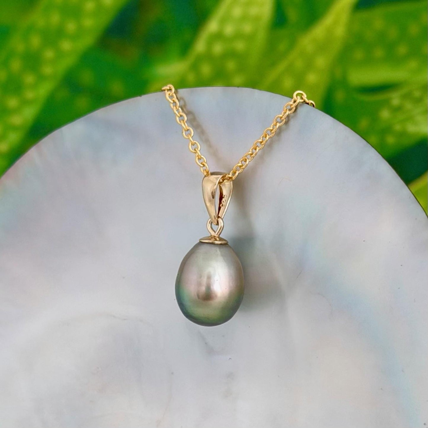 9.5mm Pistachio Green Tahitian Pearl Pendant • 14k Gold Vermeil • Minimalist Necklace, Colorful Overtone