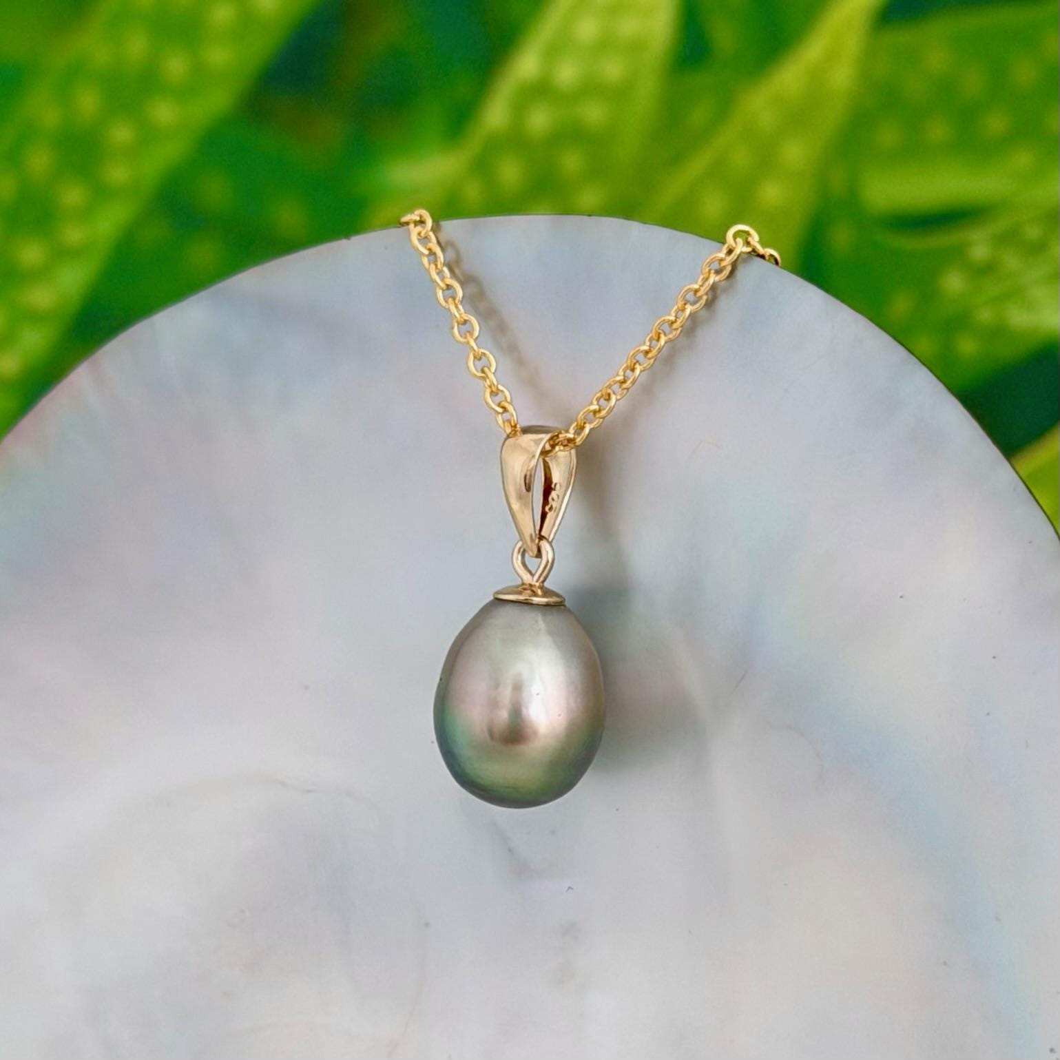 9.5mm Pistachio Green Tahitian Pearl Pendant • 14k Gold Vermeil • Minimalist Necklace, Colorful Overtone
