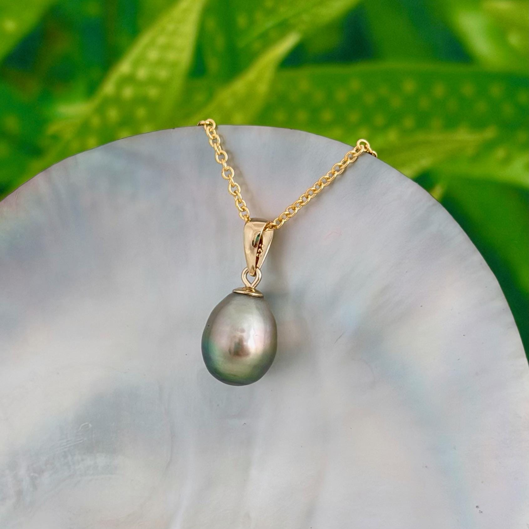 9.5mm Pistachio Green Tahitian Pearl Pendant • 14k Gold Vermeil • Minimalist Necklace, Colorful Overtone