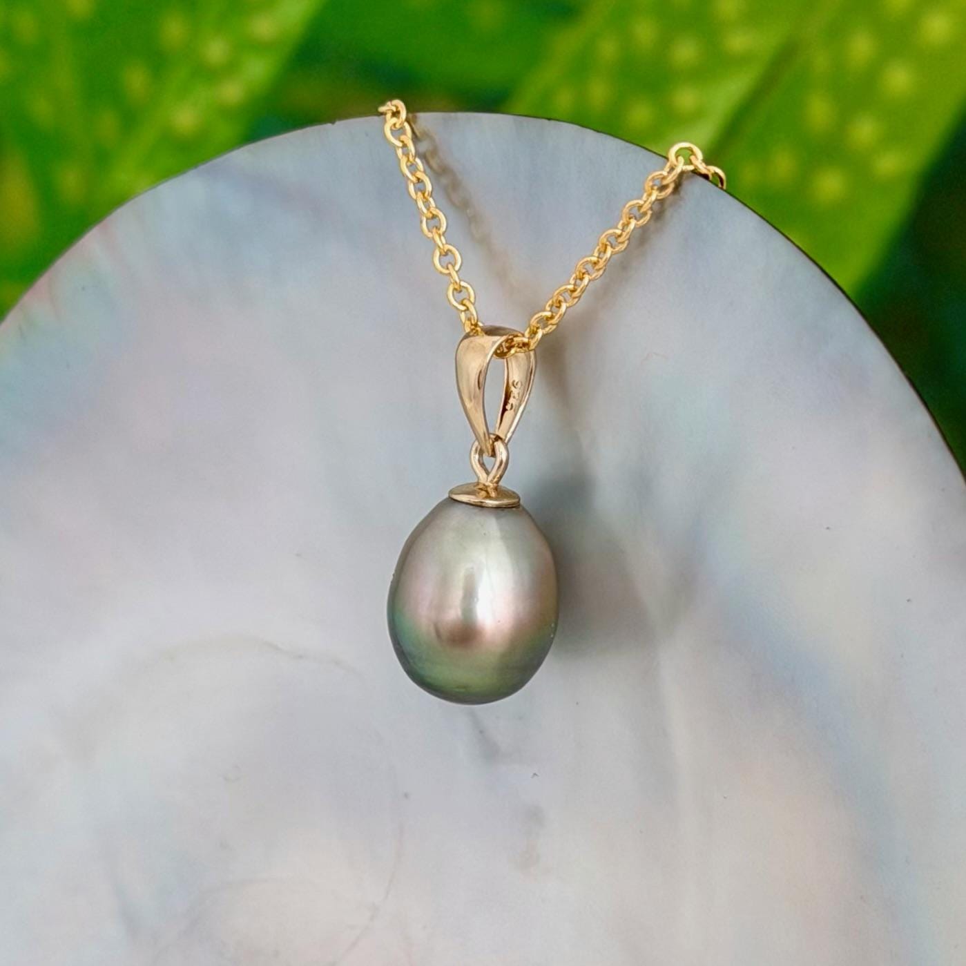 9.5mm Pistachio Green Tahitian Pearl Pendant • 14k Gold Vermeil • Minimalist Necklace, Colorful Overtone