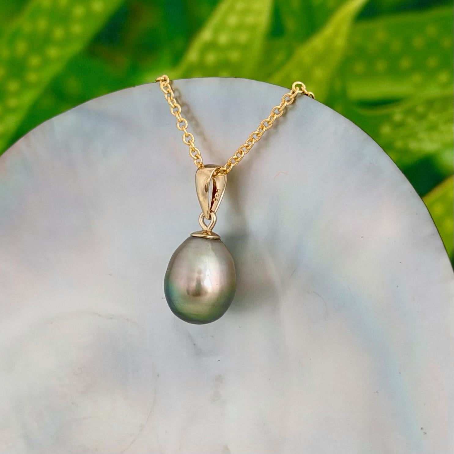 9.5mm Pistachio Green Tahitian Pearl Pendant • 14k Gold Vermeil • Minimalist Necklace, Colorful Overtone
