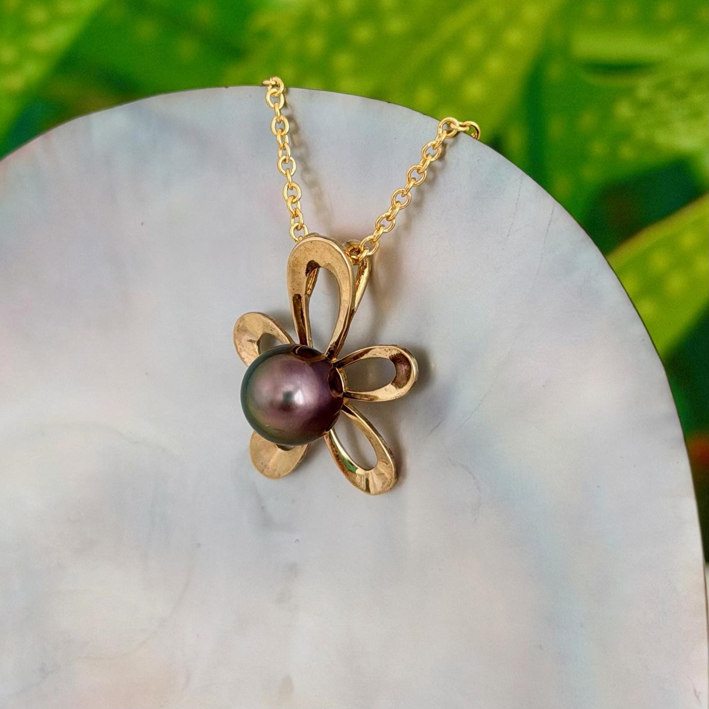 Tahitian Pearl Pendant – 14k Gold vermeil Flower Design • Peacock Pink Purple Green