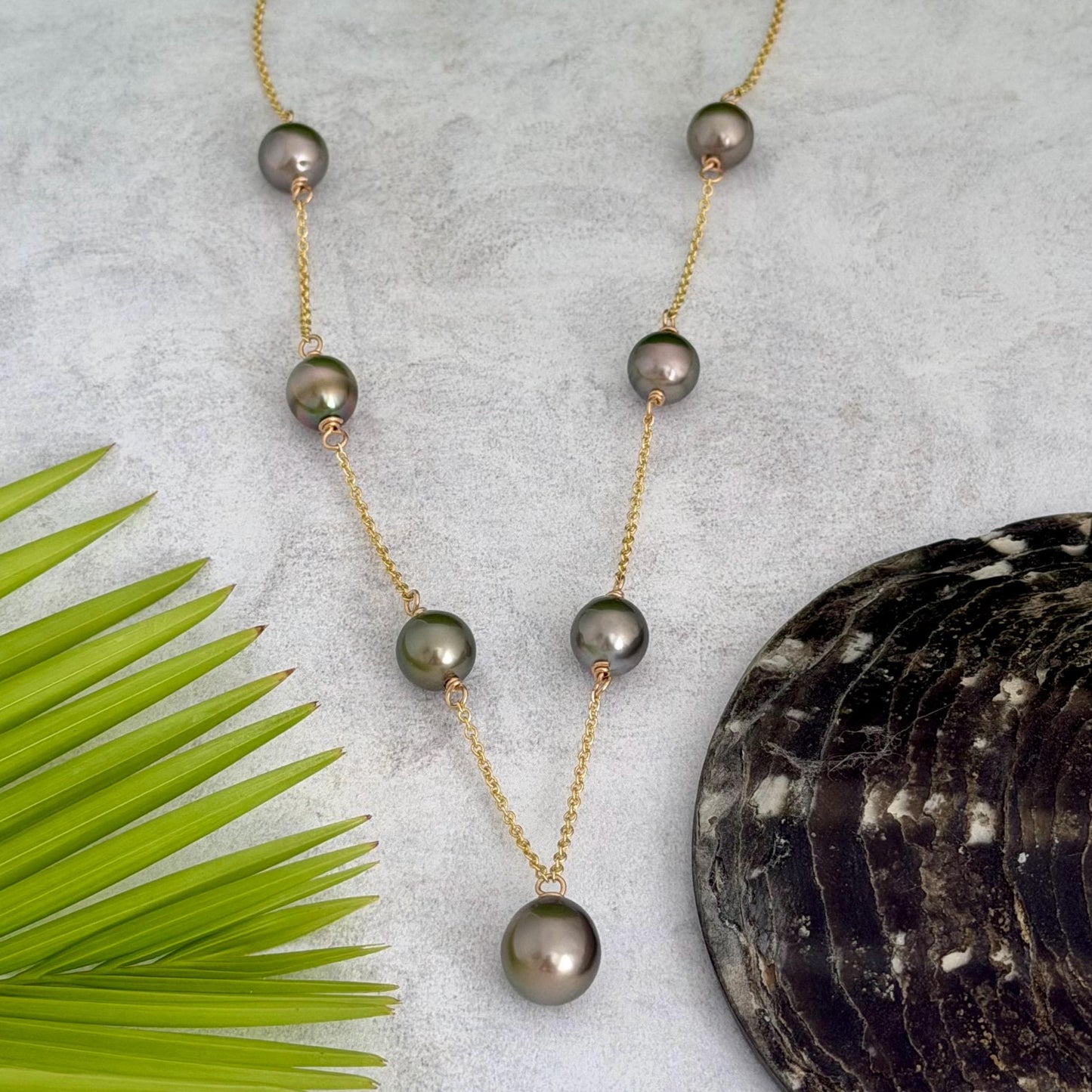 Tahitian pearl necklace • Linked pearls with drop Pistachio pendant • Handmade in Hawaii jewelry