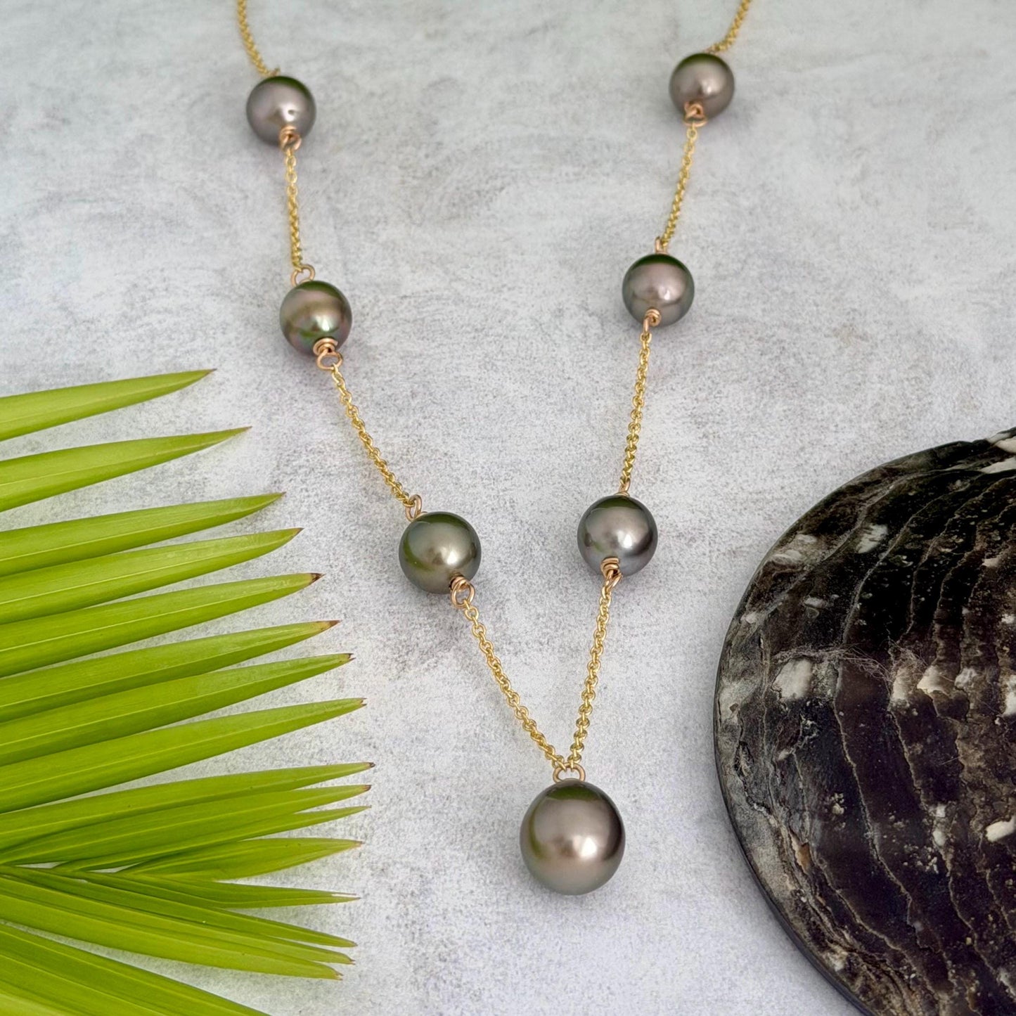 Tahitian pearl necklace • Linked pearls with drop Pistachio pendant • Handmade in Hawaii jewelry