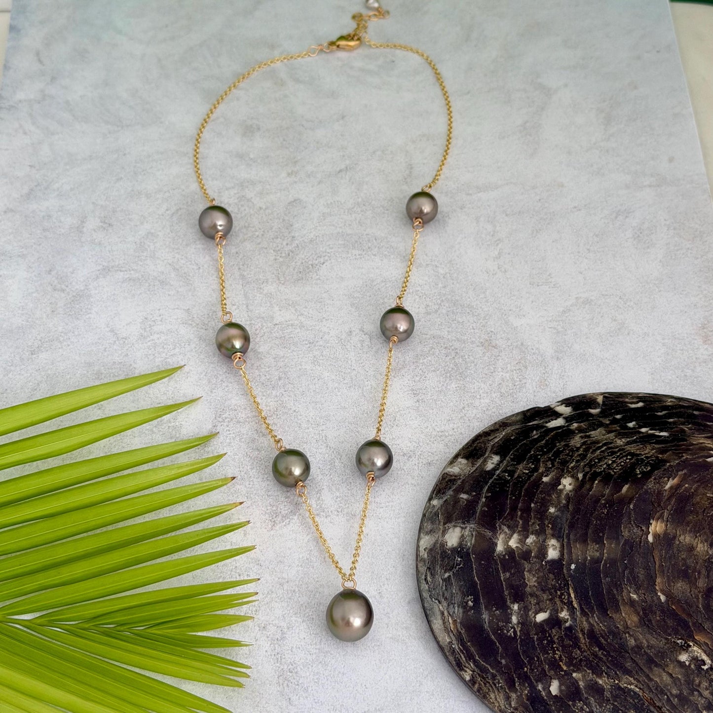 Tahitian pearl necklace • Linked pearls with drop Pistachio pendant • Handmade in Hawaii jewelry