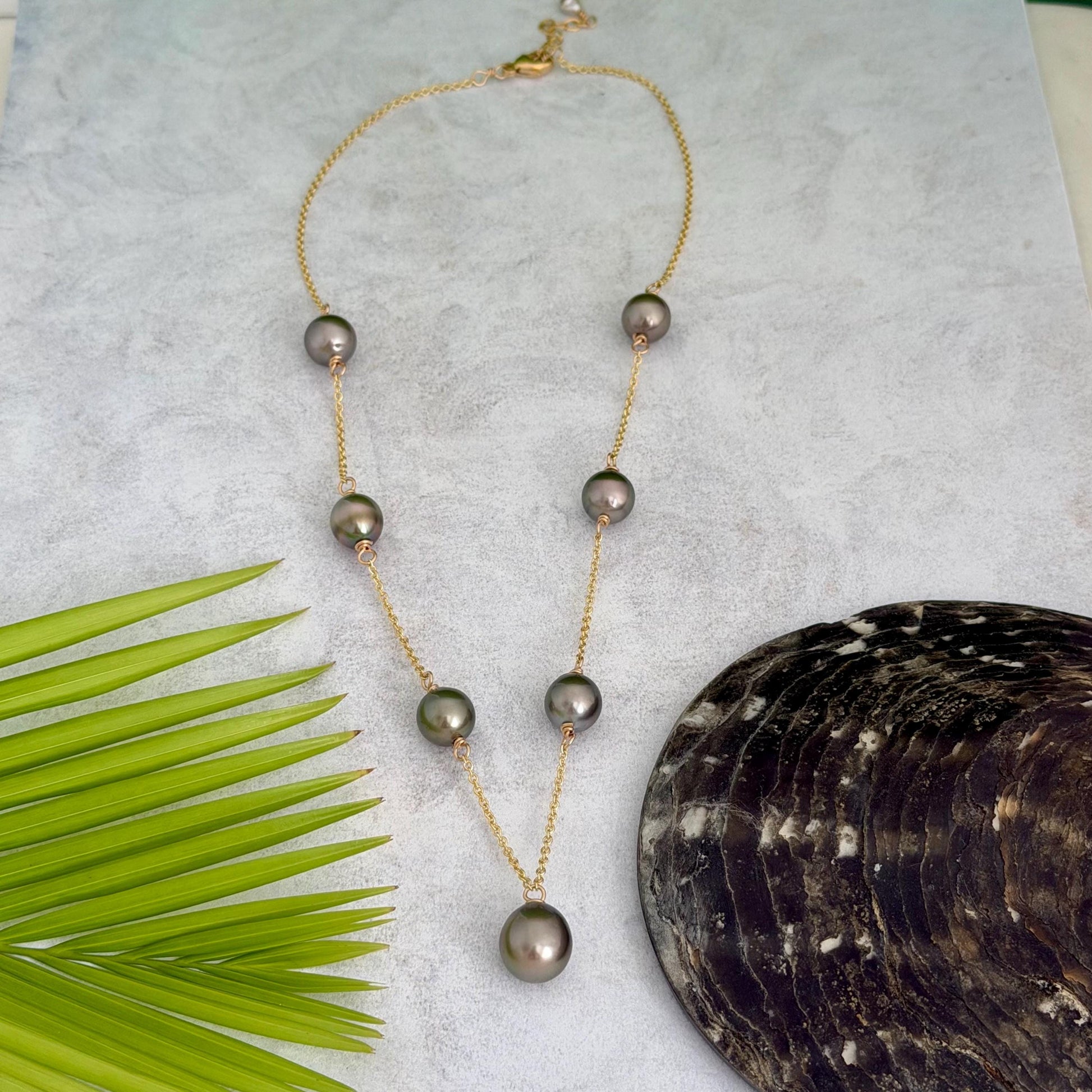 Tahitian pearl necklace • Linked pearls with drop Pistachio pendant • Handmade in Hawaii jewelry