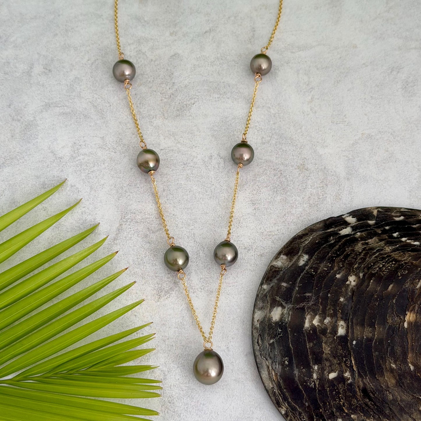 Tahitian pearl necklace • Linked pearls with drop Pistachio pendant • Handmade in Hawaii jewelry