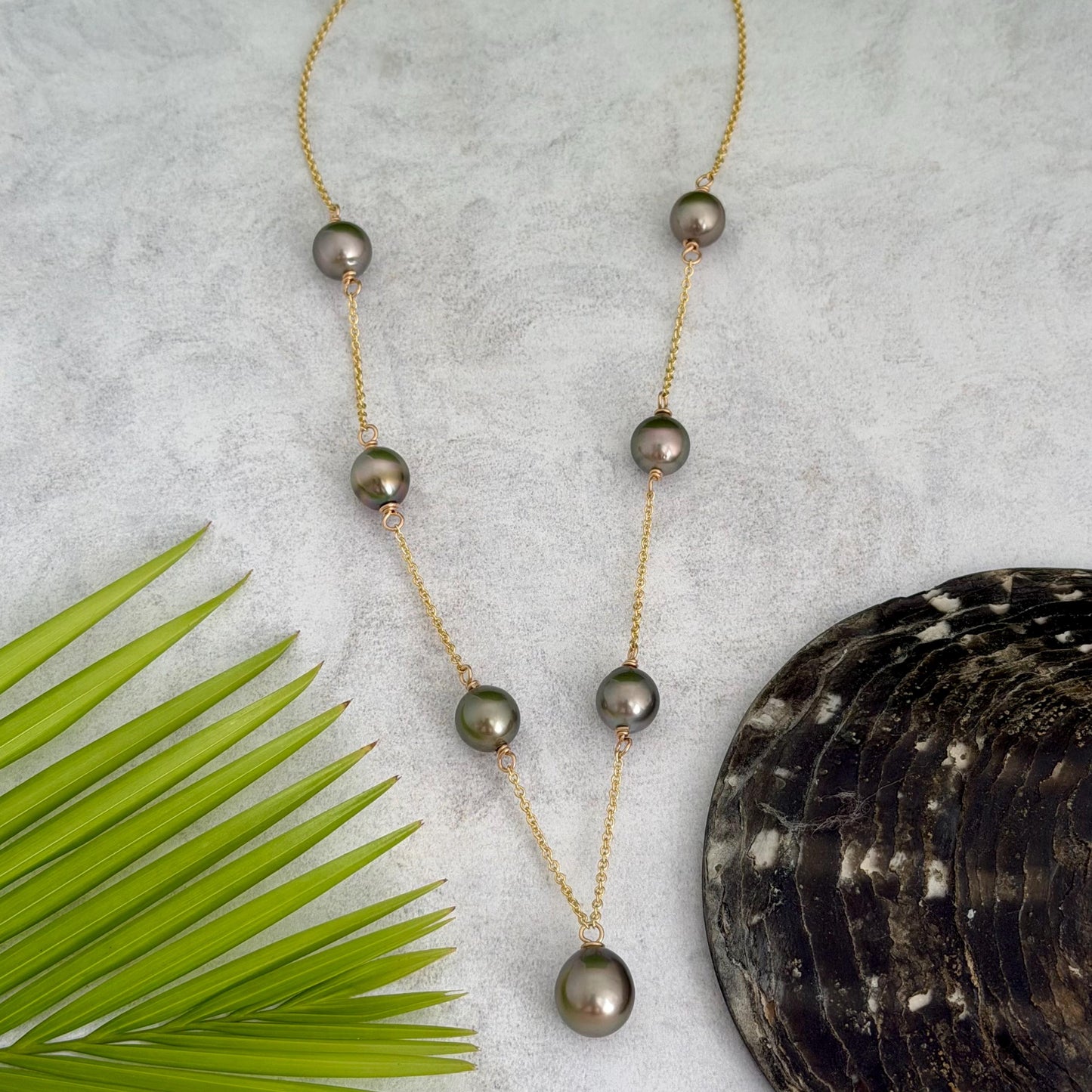 Tahitian pearl necklace • Linked pearls with drop Pistachio pendant • Handmade in Hawaii jewelry