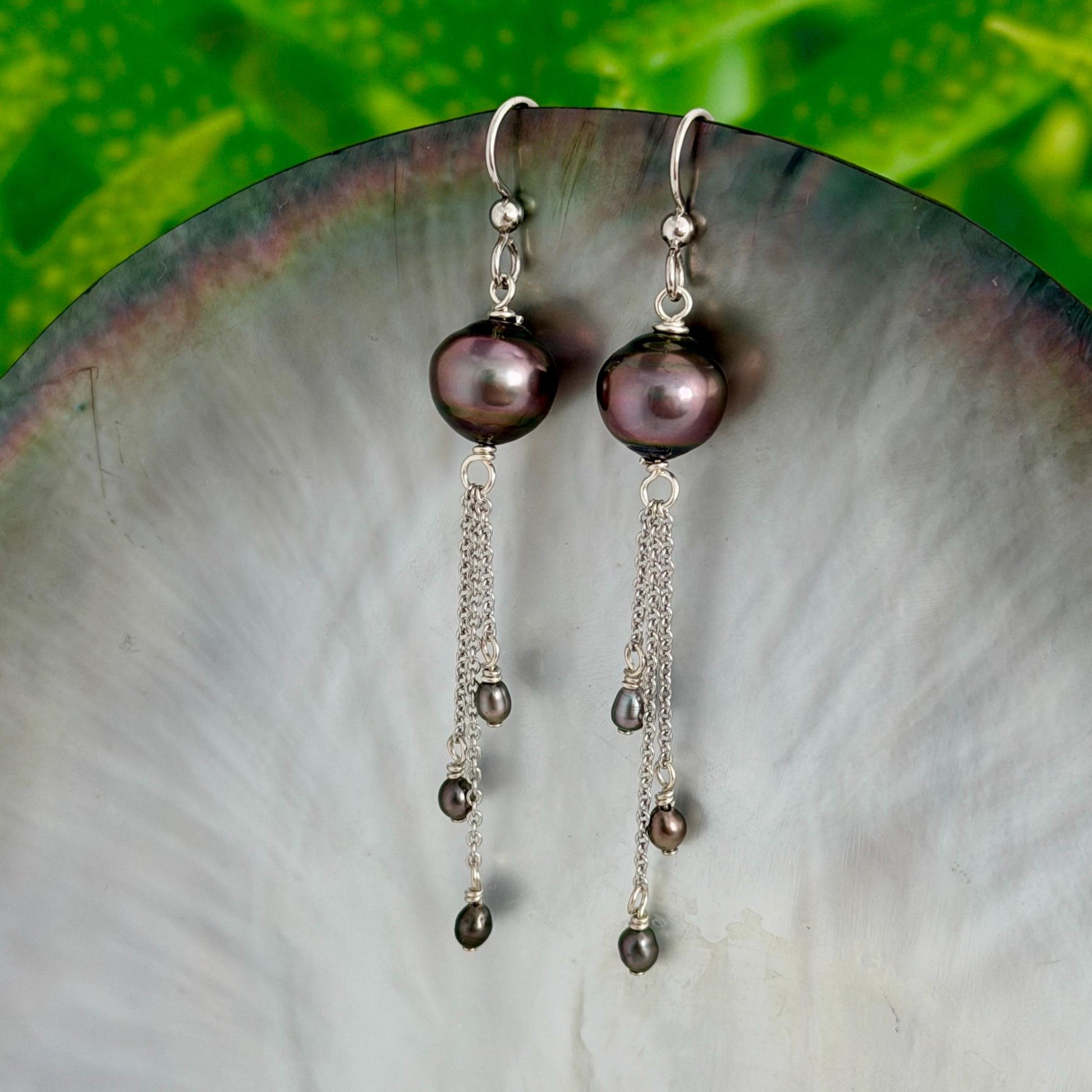 Tahitian Pearl and Keshis Dangle Earrings: Sterling silver