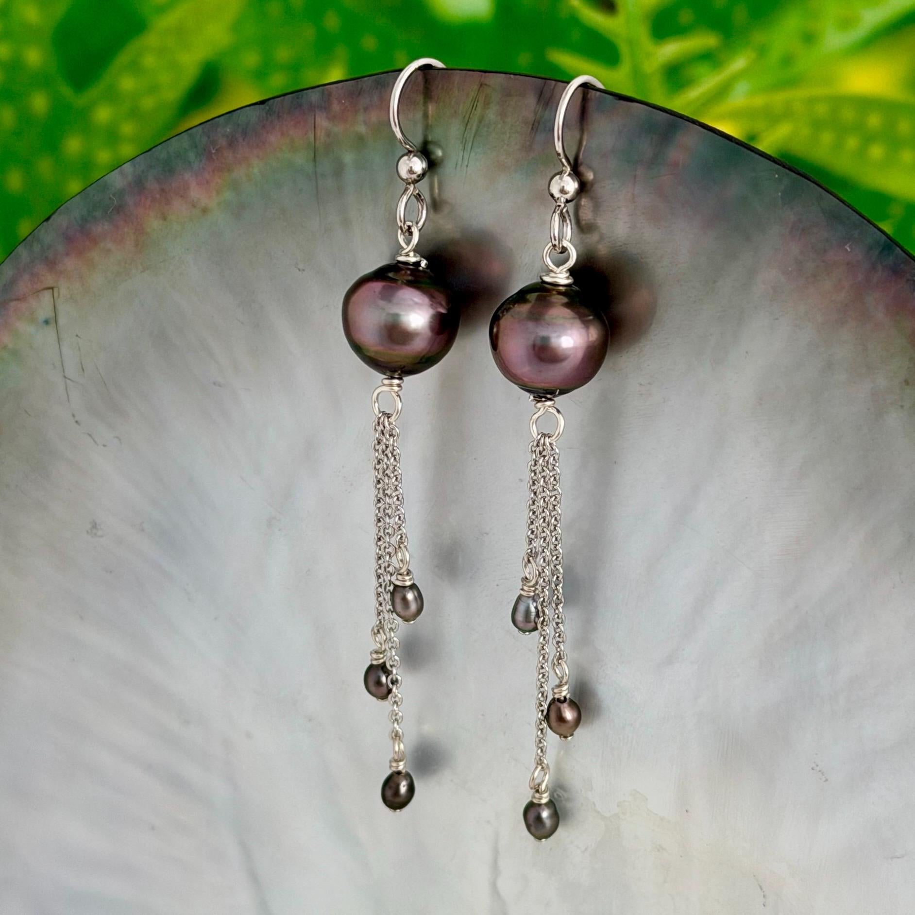 Tahitian Pearl and Keshis Dangle Earrings: Sterling silver