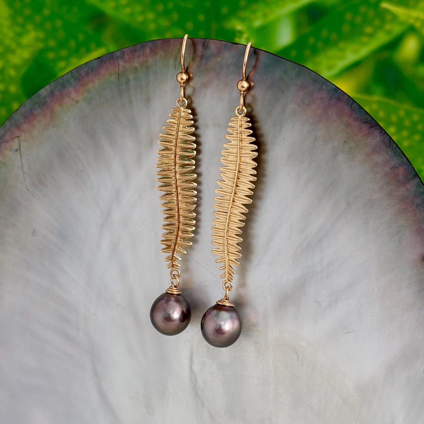 Kupukupu Dangle Earrings • Tahitian black pearl jewelry • Hawaiian inspired Fern