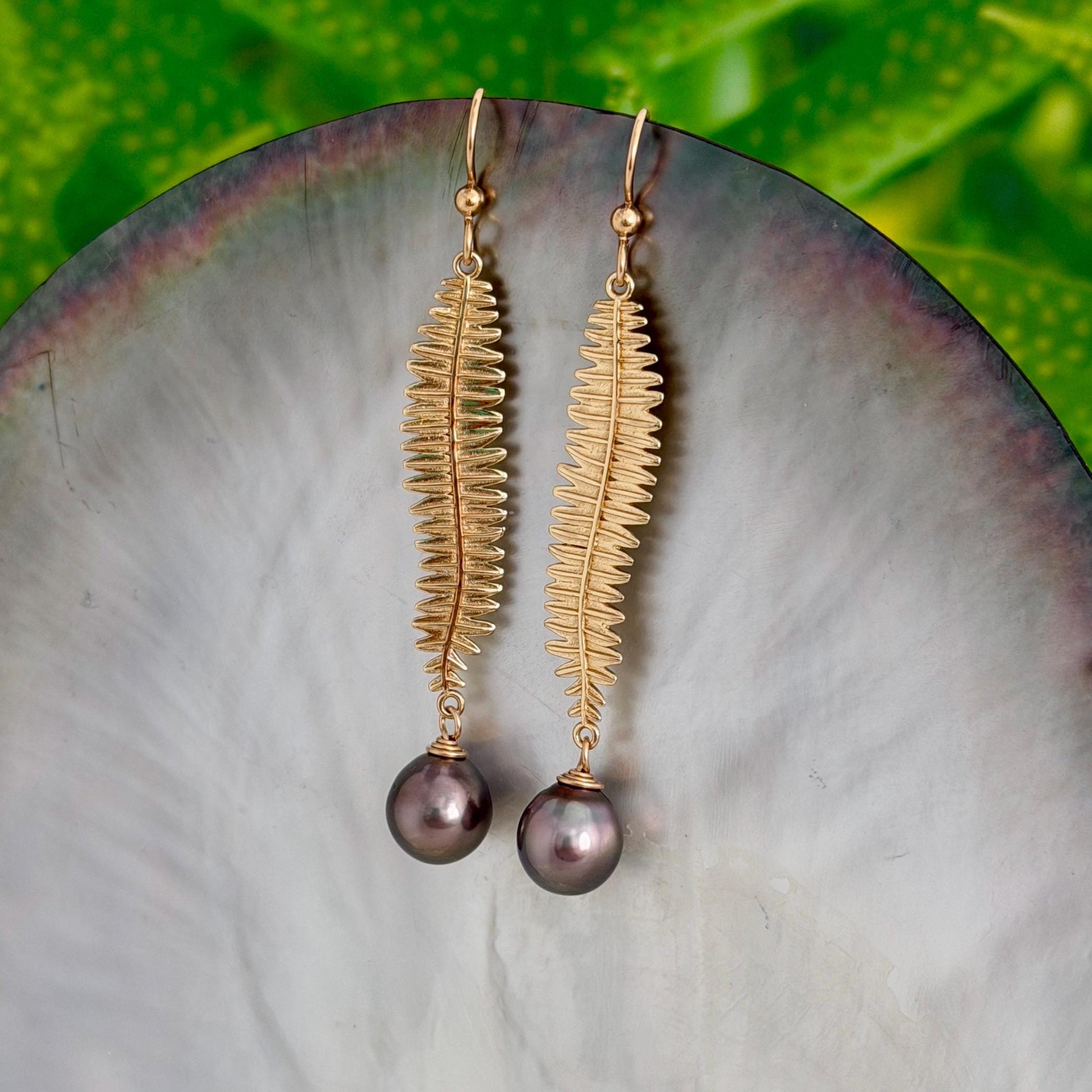 Kupukupu Dangle Earrings • Tahitian black pearl jewelry • Hawaiian inspired Fern