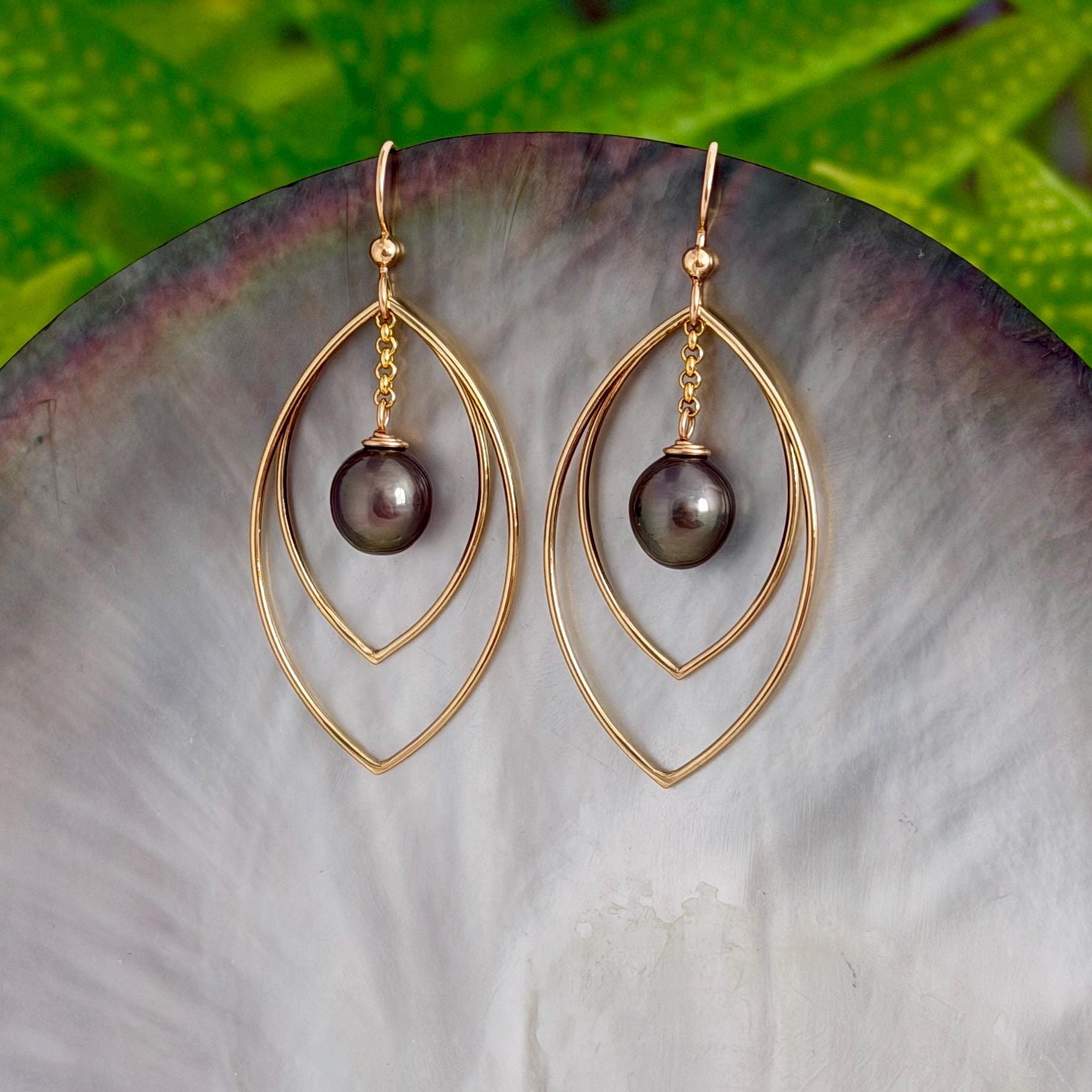 Tahitian Pearl drop earrings: 14k gold filled • minimalist gift for her • Marquise