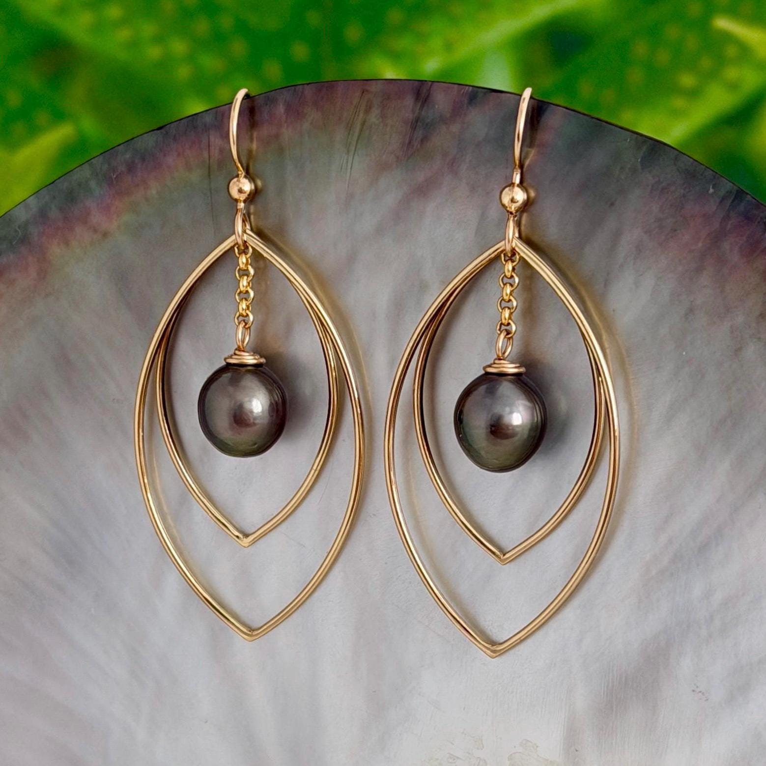 Tahitian Pearl drop earrings: 14k gold filled • minimalist gift for her • Marquise
