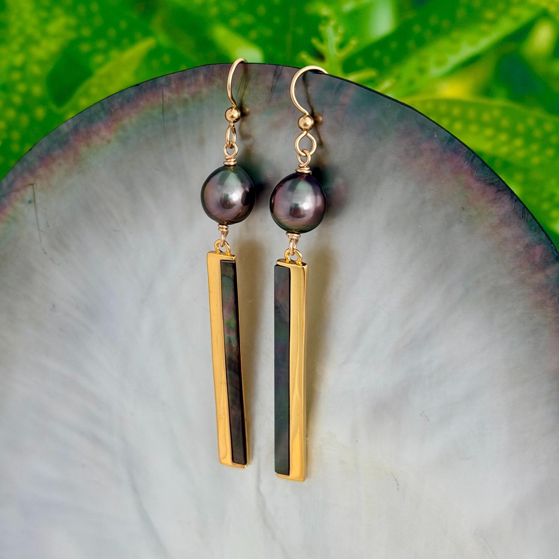 Tahitian Pearl & Shell Dangle Earrings • 14k Gold Vermeil Inlay