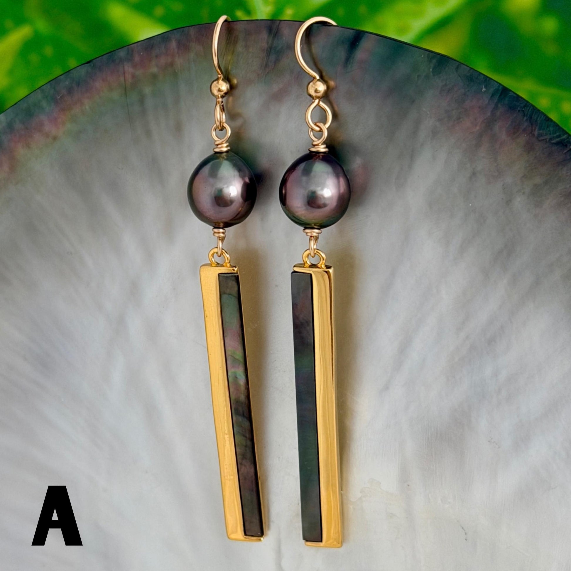 Tahitian Pearl & Shell Dangle Earrings • 14k Gold Vermeil Inlay