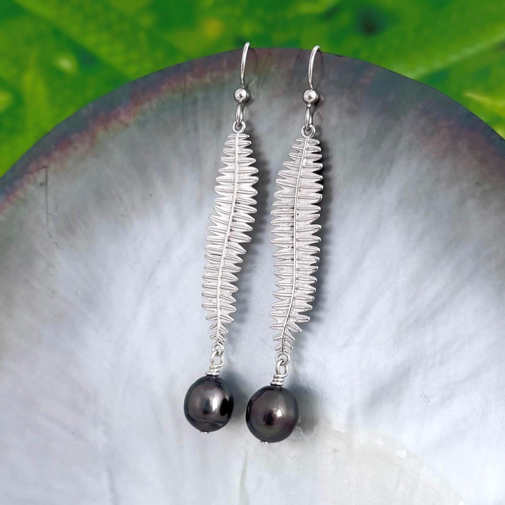 Kupukupu Dangle Earrings • Tahitian black pearl jewelry • Hawaiian inspired